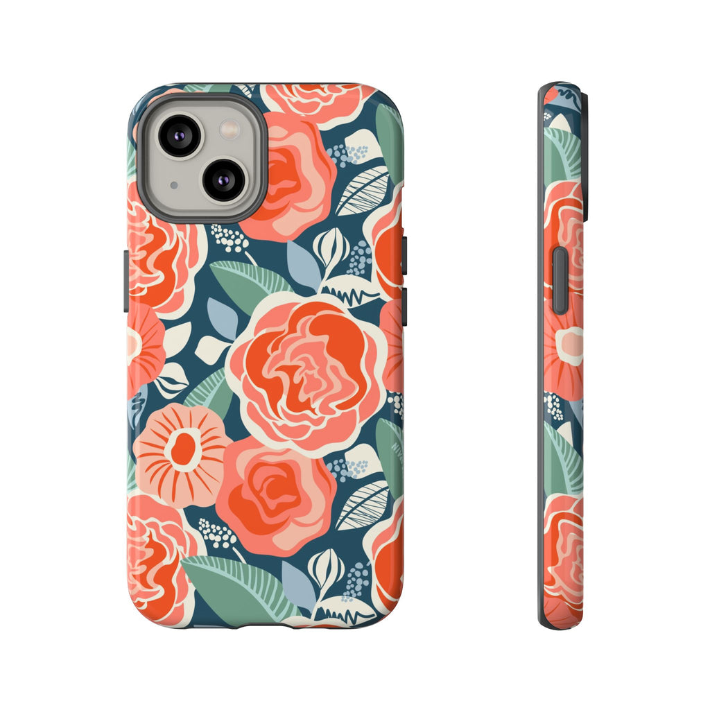 Tea Rose Navy Tough iPhone 14 Case – Matte | navy, coral, pink, cream rose floral print