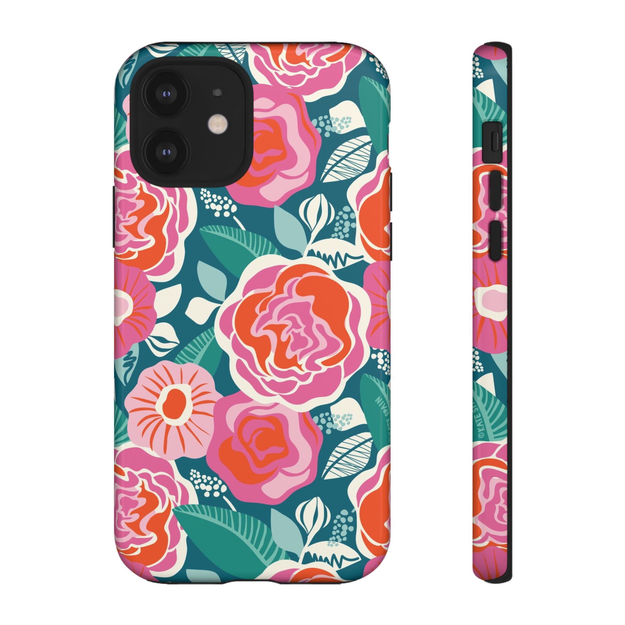 Tea Rose Teal Tough iPhone 12 Case – Glossy | teal, coral, pink botanical rose floral print