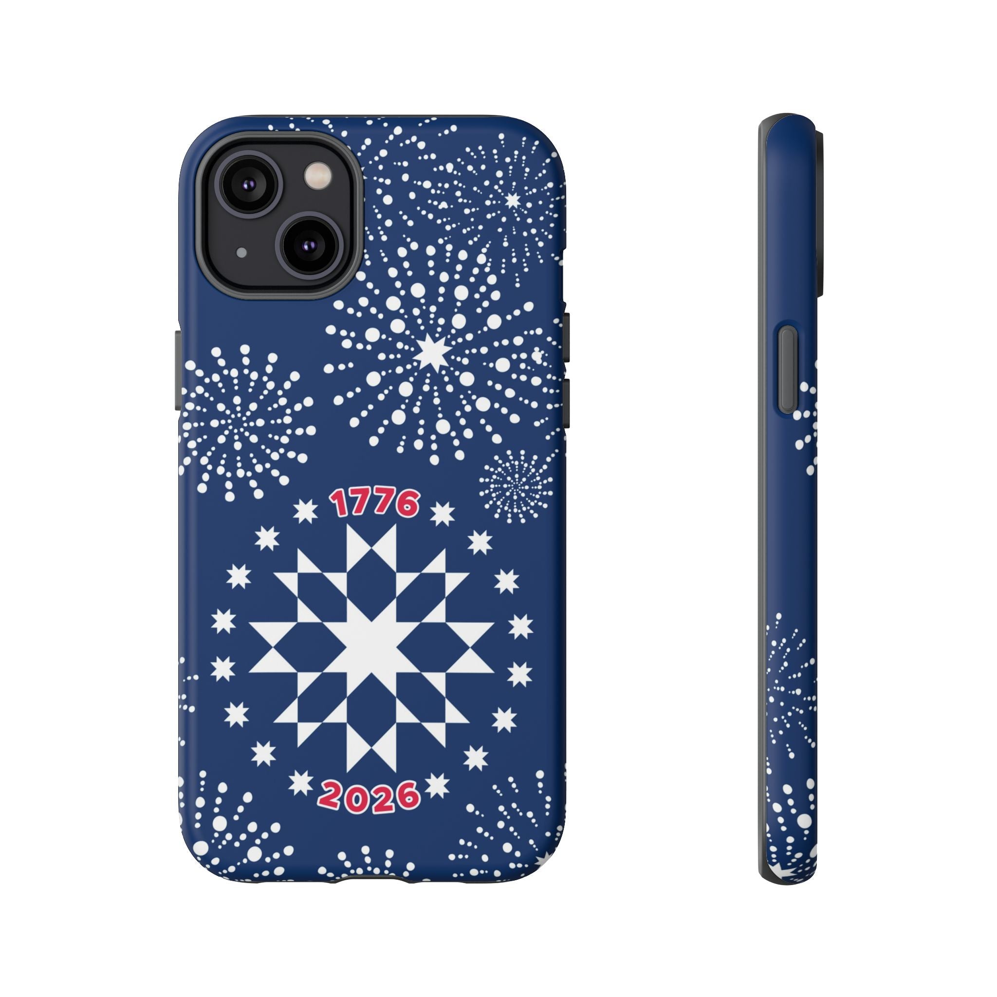 250th Fireworks Tough iPhone 14 Plus Case – Matte | navy, white patriotic star quilt fireworks print