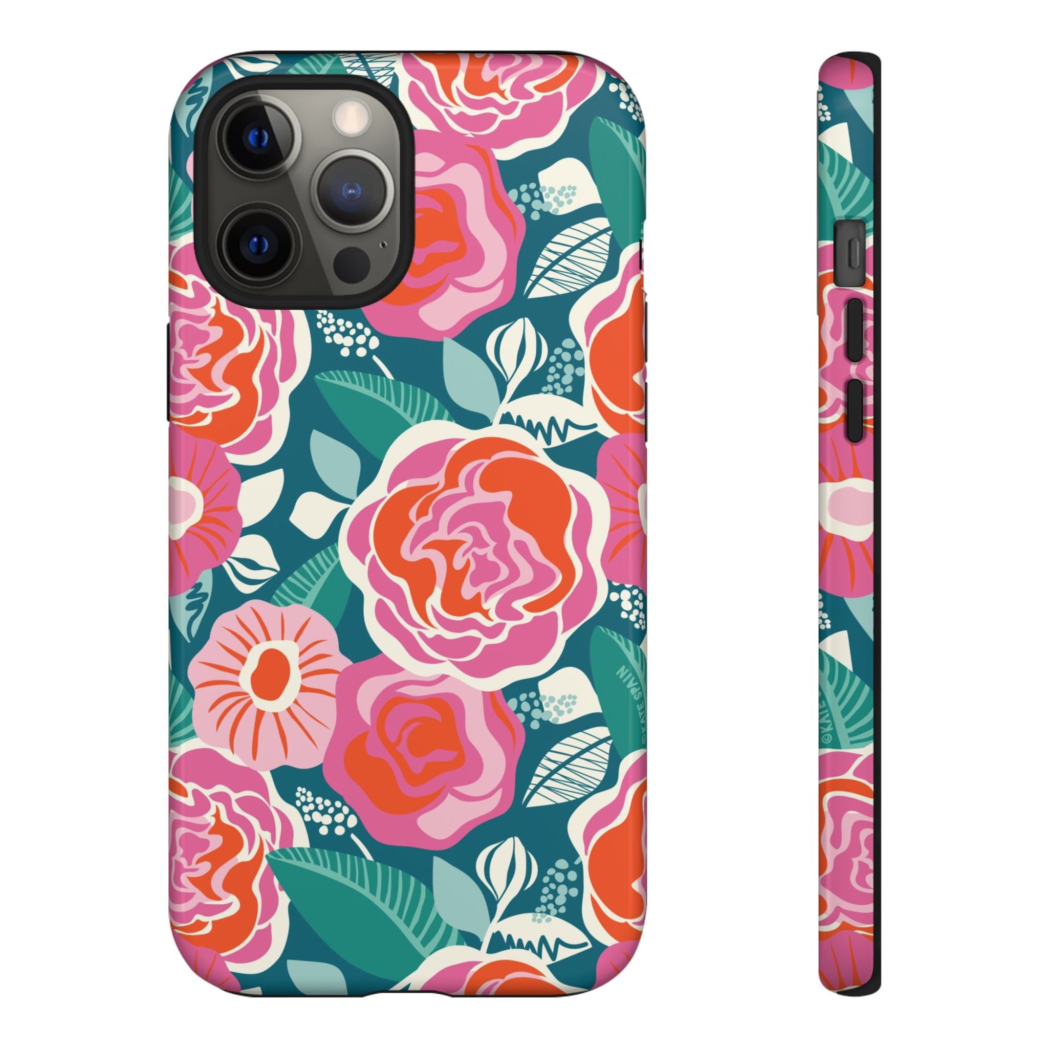 Tea Rose Teal Tough iPhone 12 Pro Max Case – Glossy | teal, coral, pink botanical rose floral print