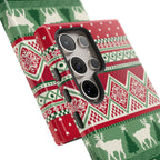 Luxury Telemark Samsung S24 Ultra Case – detail view showing the 5 lenses in the camera | red, green, cream Nordic fair isle reindeer print
