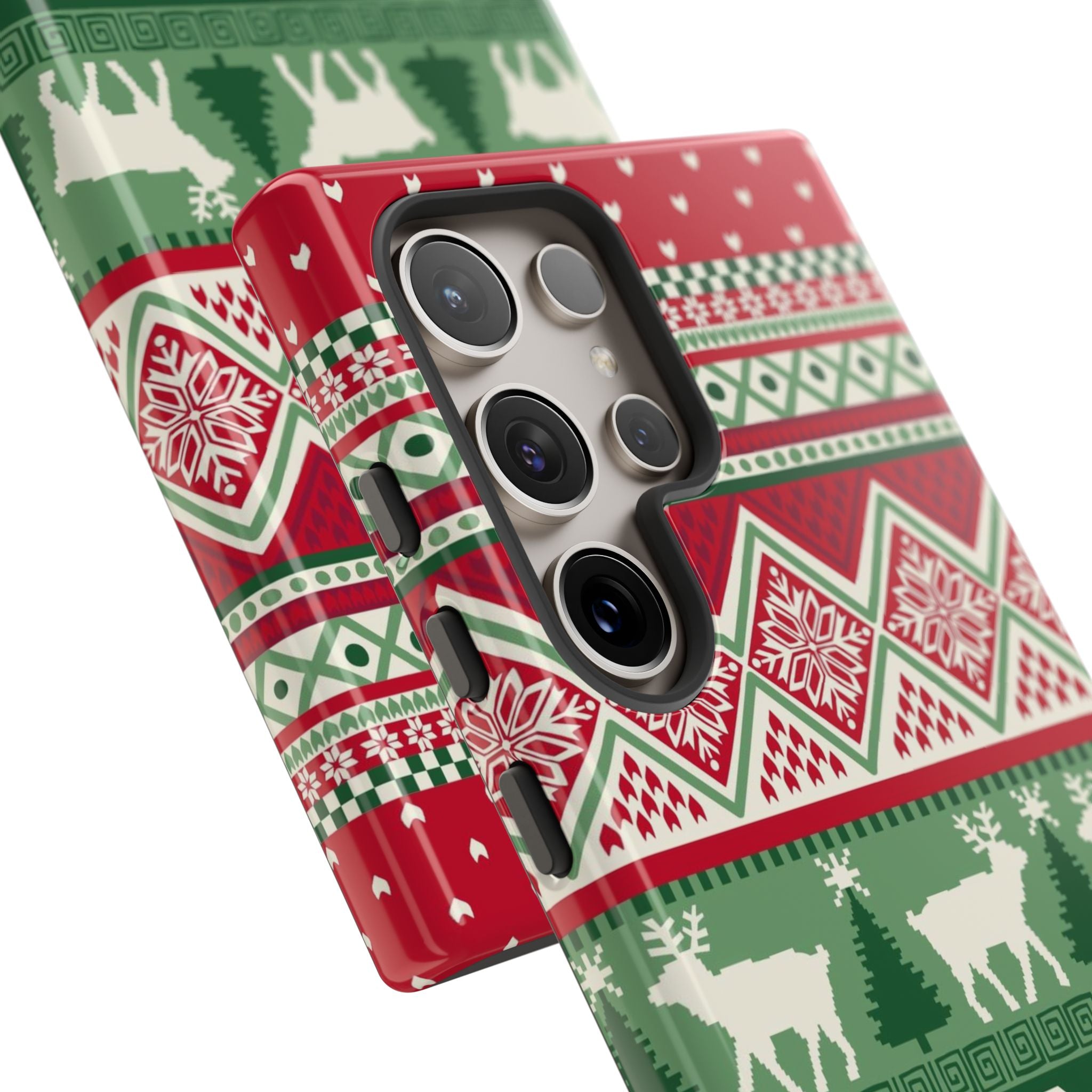 Luxury Telemark Samsung S24 Ultra Case – detail view showing the 5 lenses in the camera | red, green, cream Nordic fair isle reindeer print
