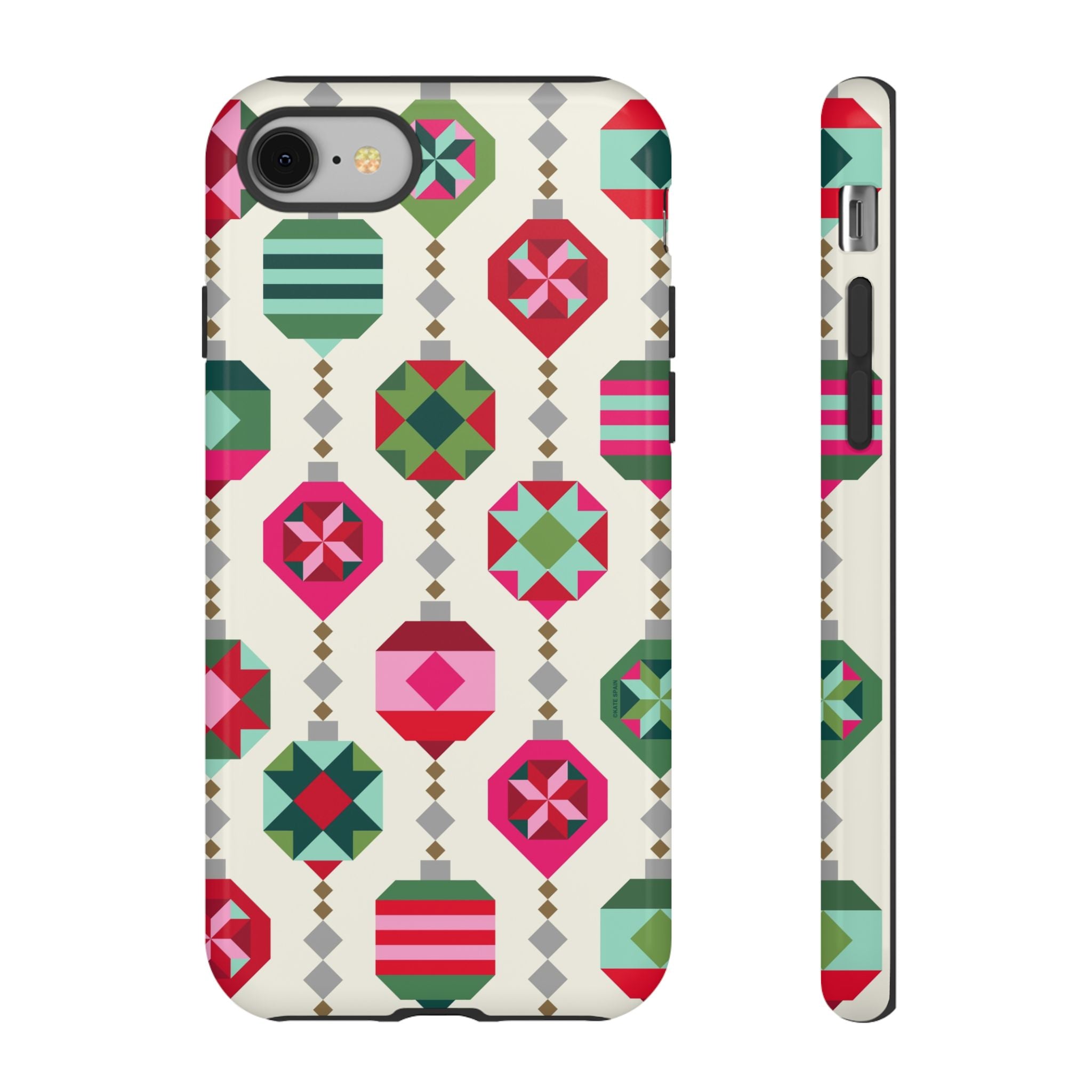 Felicity Ornaments Tough iPhone 8 Case – Glossy | cream, red, pink, green, mint geometric quilted ornament print
