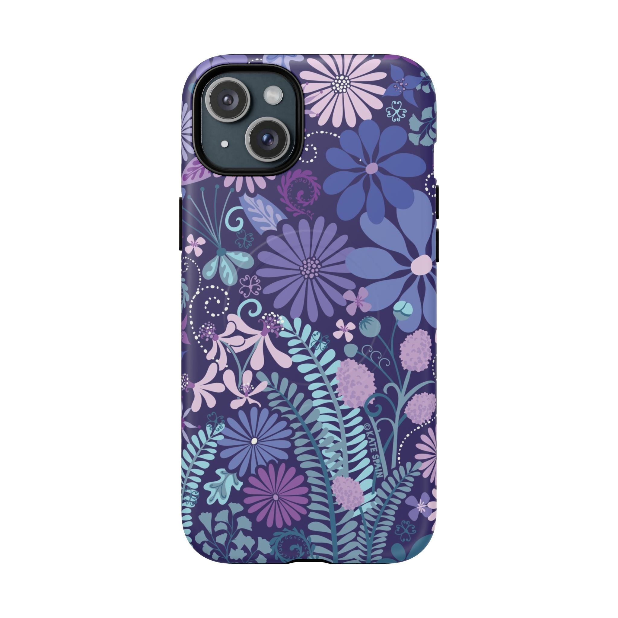 Terrain Night MagSafe iPhone 15 Plus Case – Matte | navy, purple, aqua botanical woodland floral print