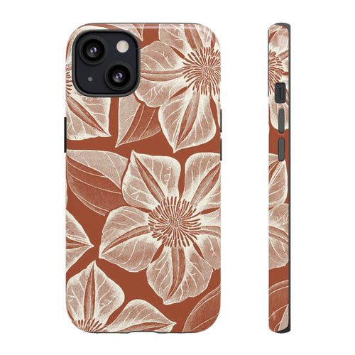 Vintage Bloom Sienna iPhone 13 case – Glossy | sienna ground, large-scale cream clematis print, engraved petal detail, dual-layer protection