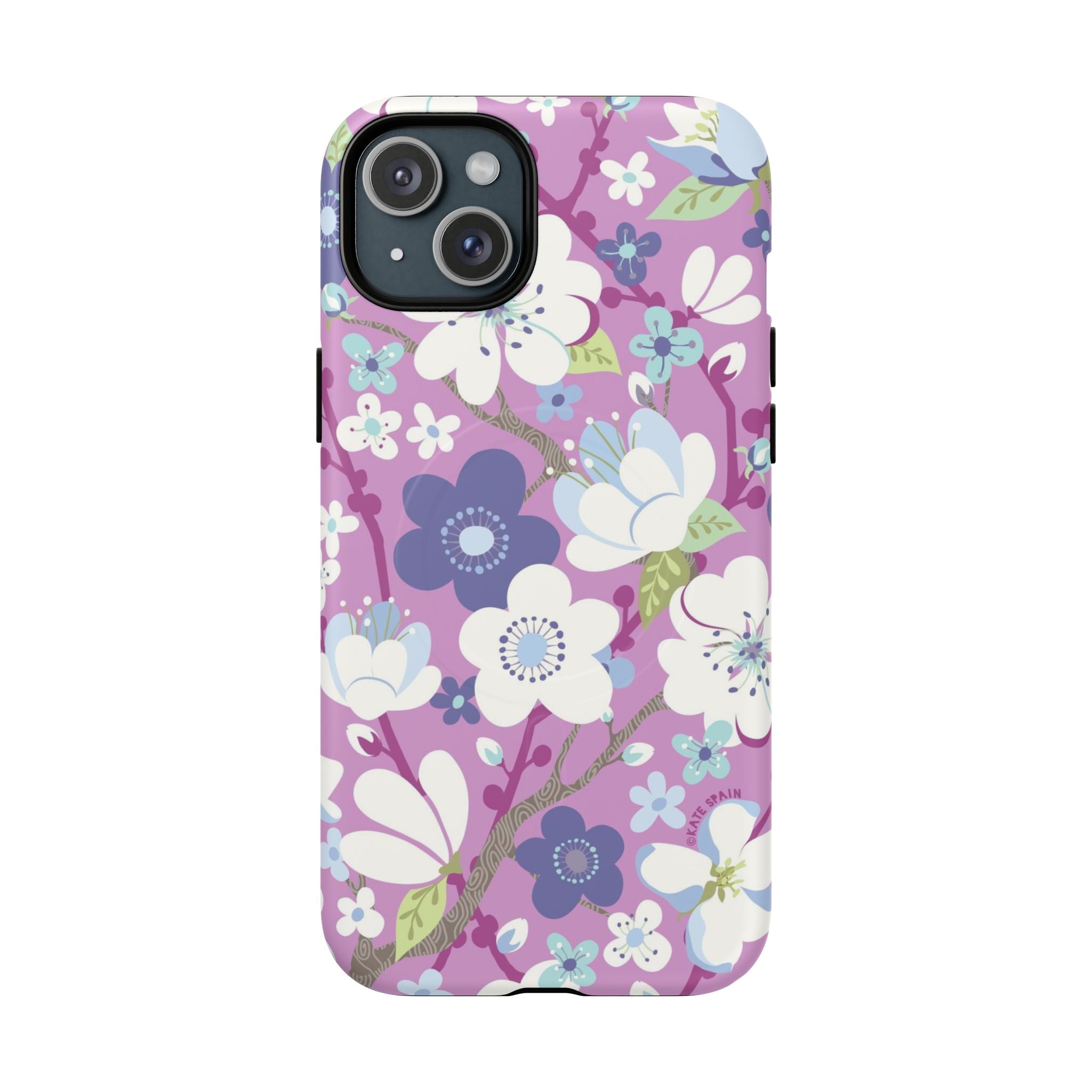Purple Cherry Blossom MagSafe iPhone 15 Plus Case – Matte | mauve, purple, blue, white cherry blossom print