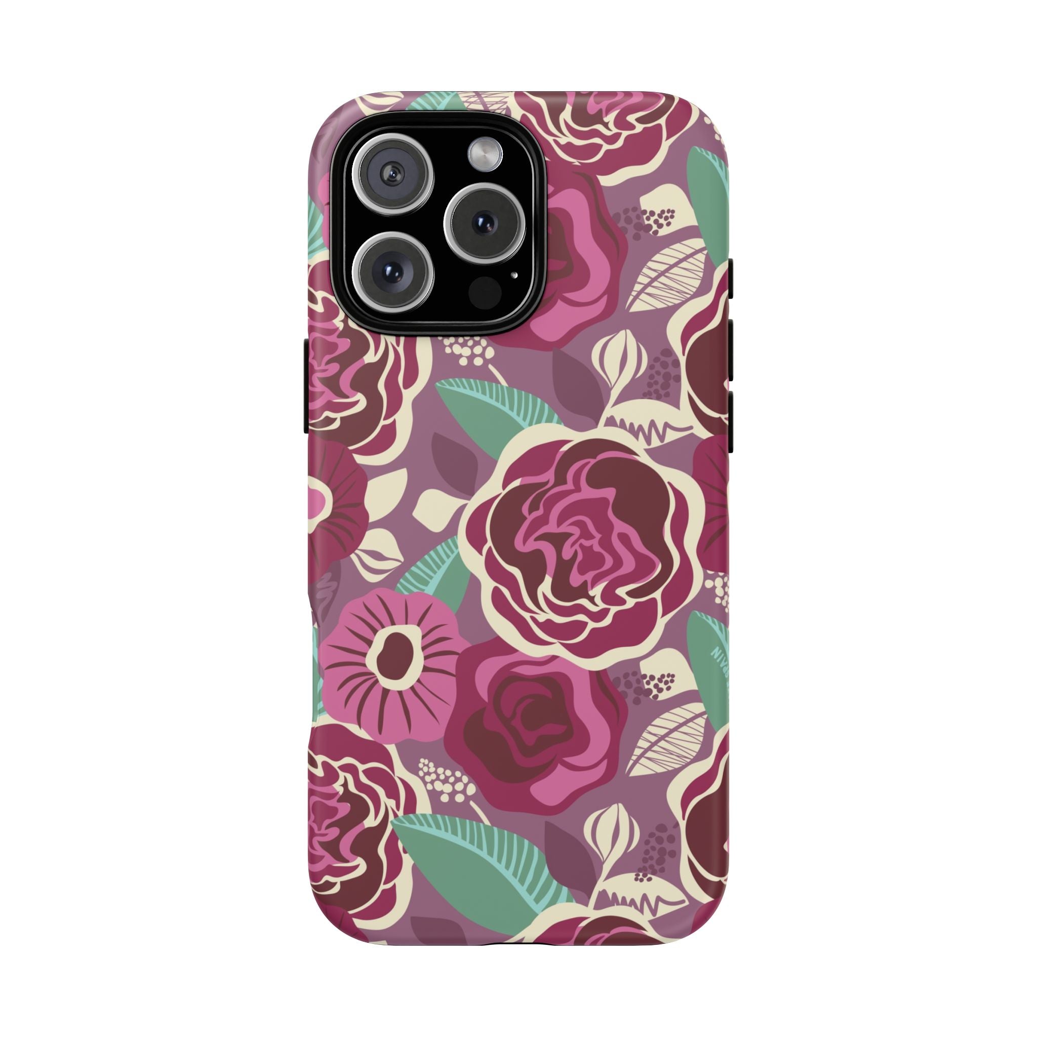 Tea Rose Burgundy Tough iPhone 16 Pro Max Case – Matte | burgundy, magenta, plum botanical rose floral print