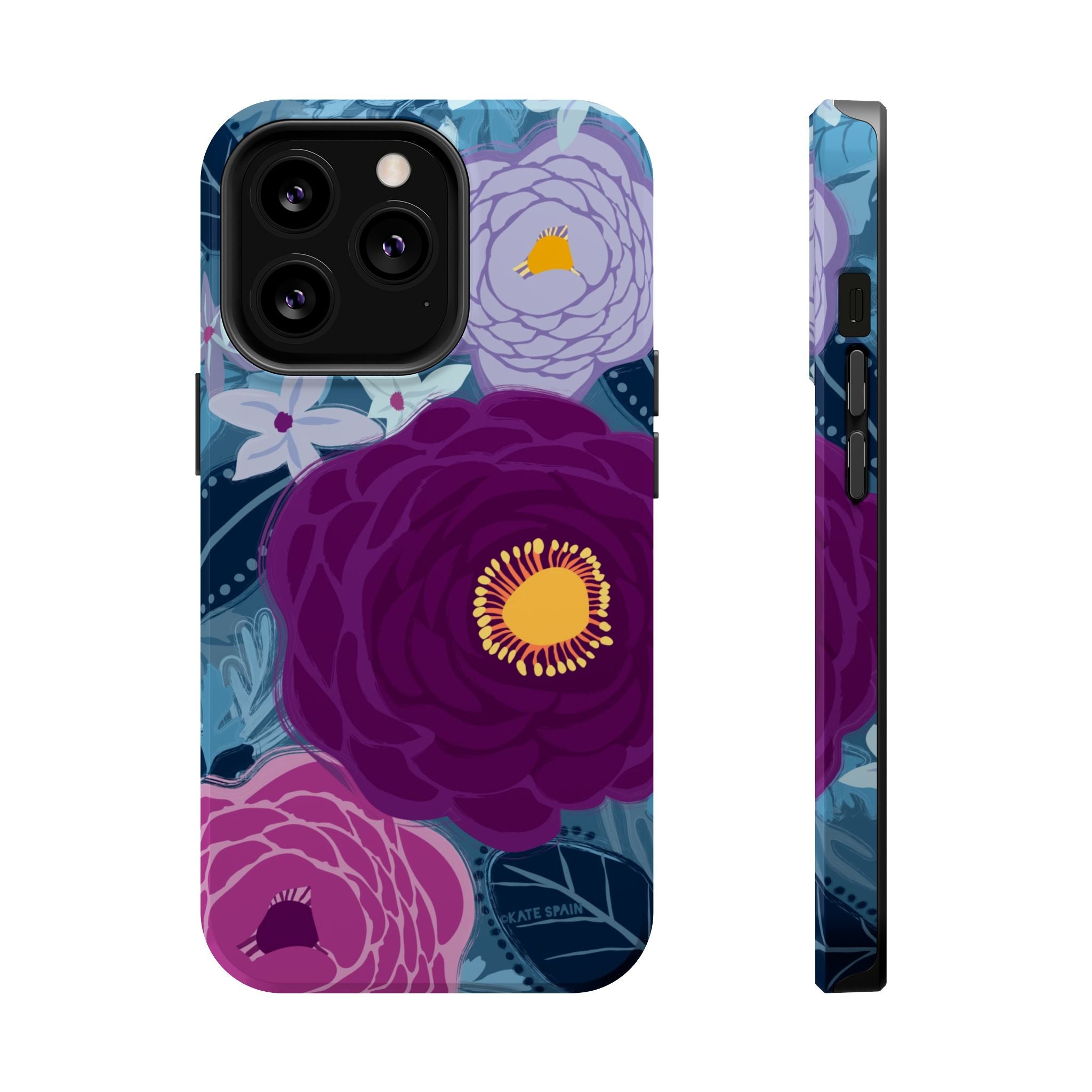 Bloomerie MagSafe iPhone 13 Pro Case – Glossy | navy, purple, magenta botanical peony floral print