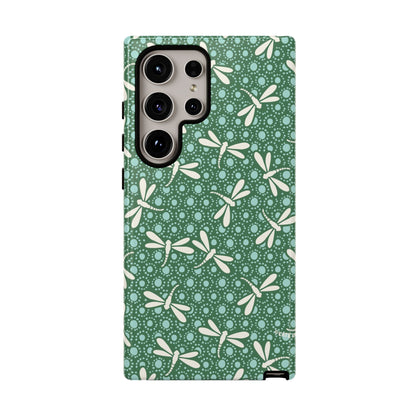 Dragonfly Pattern Phone Case — Green Floral Protective Tough Case