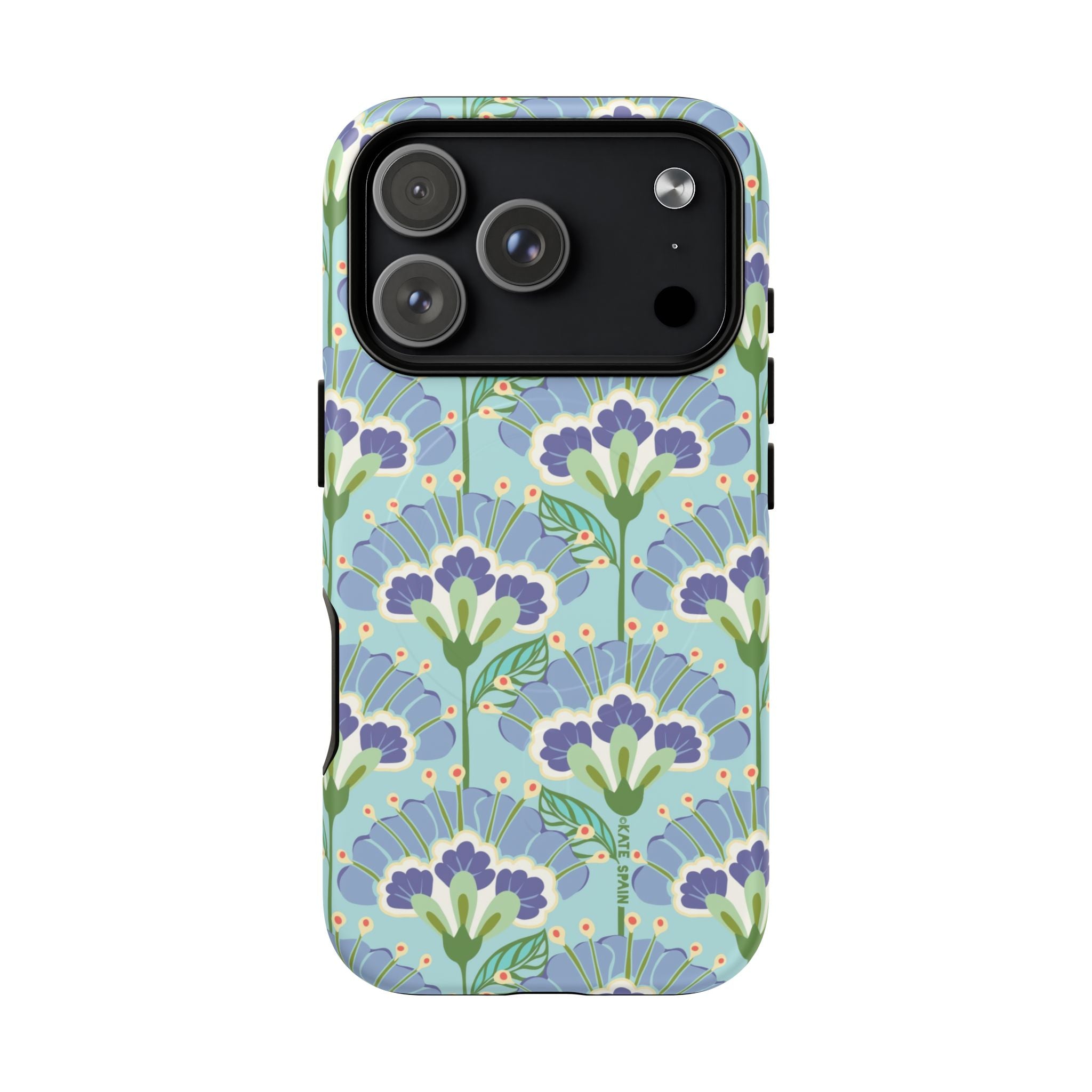 Lantern Flower MagSafe iPhone 17 Pro Case – Matte | aqua, periwinkle, green botanical lantern floral print