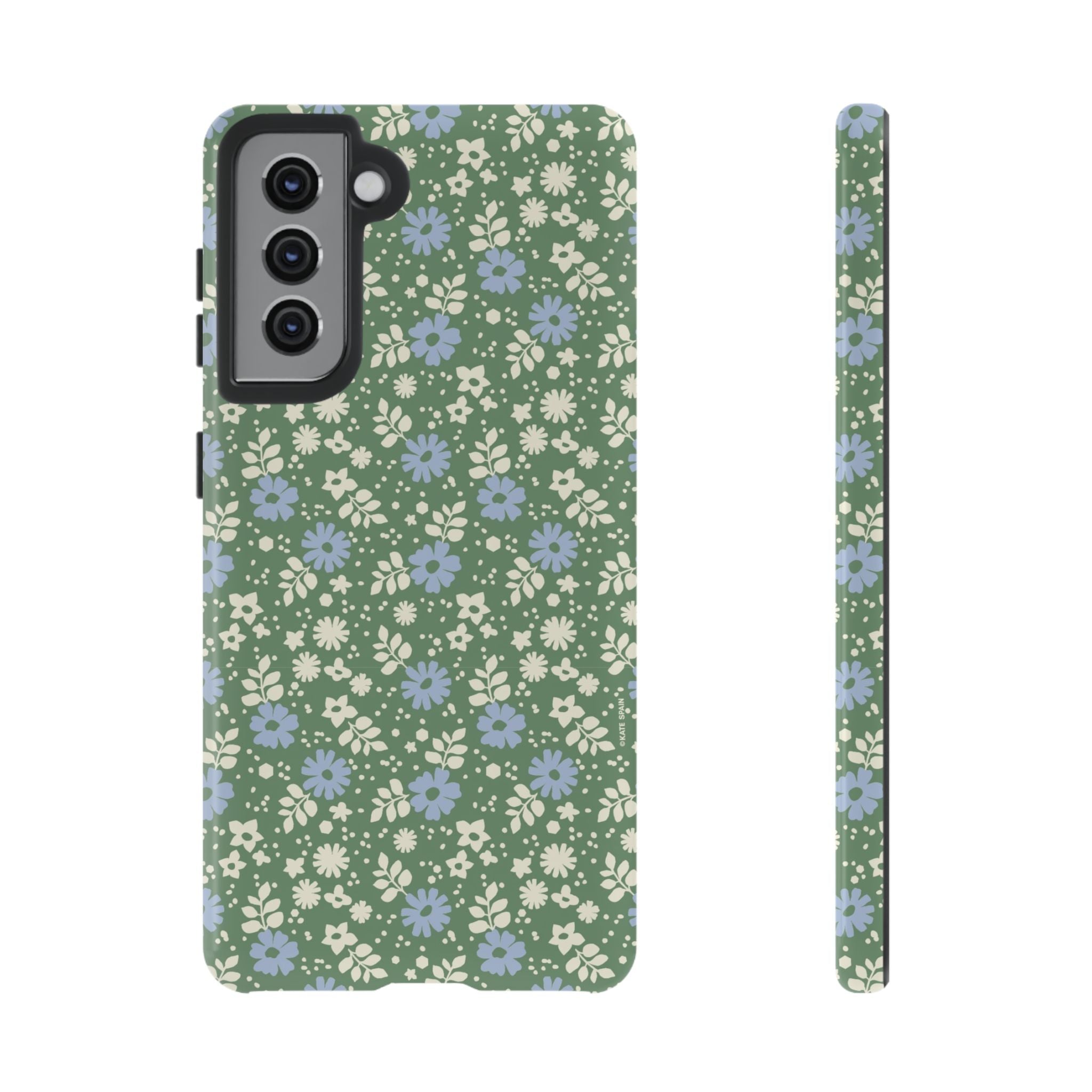 Cottage Core Cute Petaline Samsung Galaxy S21 Case – Glossy | green background with white and blue ditsy florals