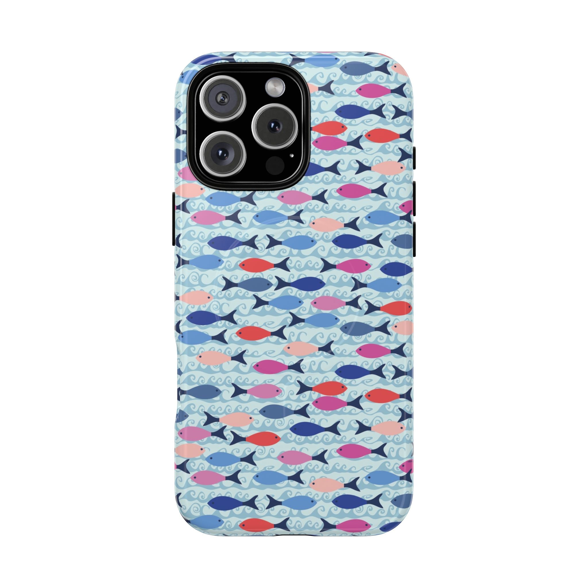 Summer Minnows MagSafe iPhone 16 Pro Max Case – Glossy | navy, coral, pink, and periwinkle fish on a pale aqua ground