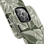 Vintage Bloom Cypress iPhone 16 Pro Max case – Glossy | cypress green ground, large-scale white clematis print, angled view showing camera cutout and buttons, dual-layer protection