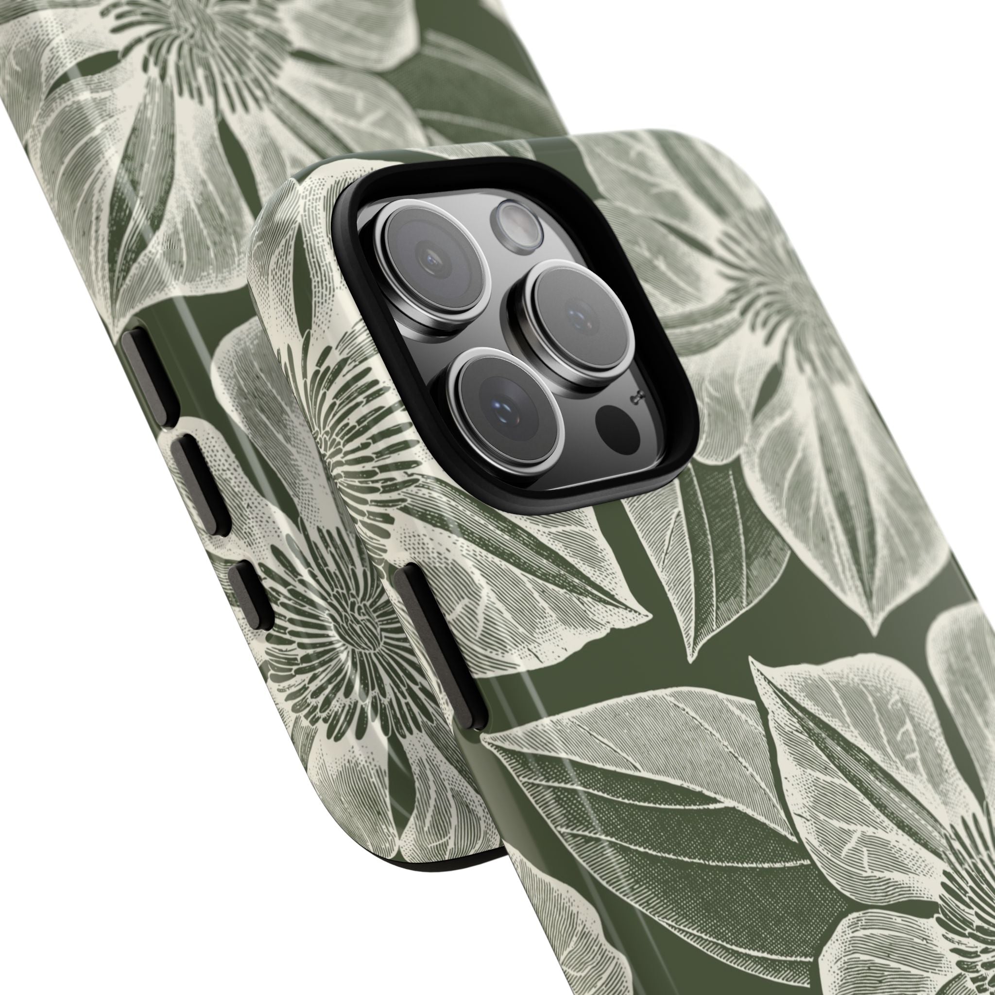 Vintage Bloom Cypress iPhone 16 Pro Max case – Glossy | cypress green ground, large-scale white clematis print, angled view showing camera cutout and buttons, dual-layer protection