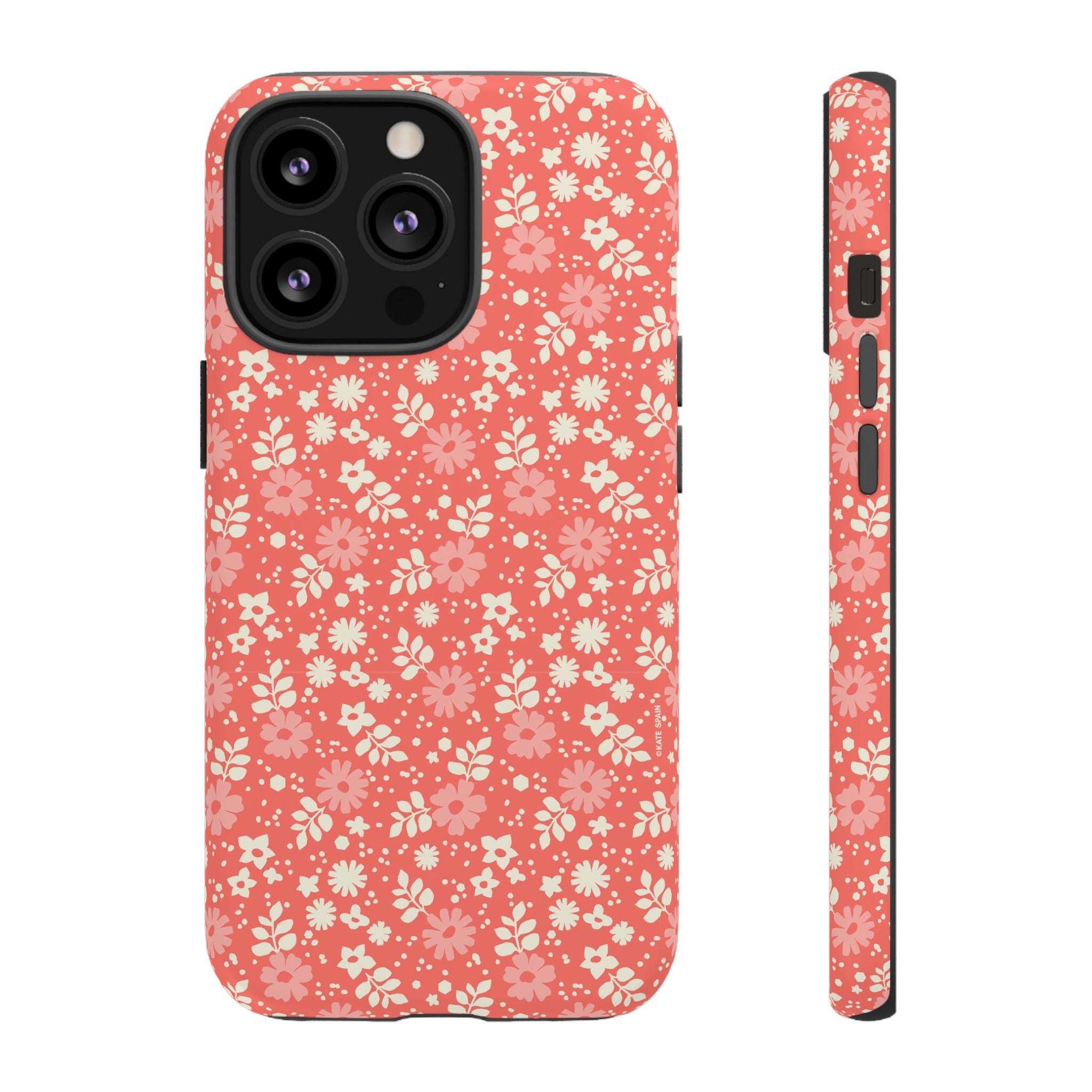 Petaline Tough iPhone 13 Pro Case – Matte | coral, pink, cream ditsy floral print
