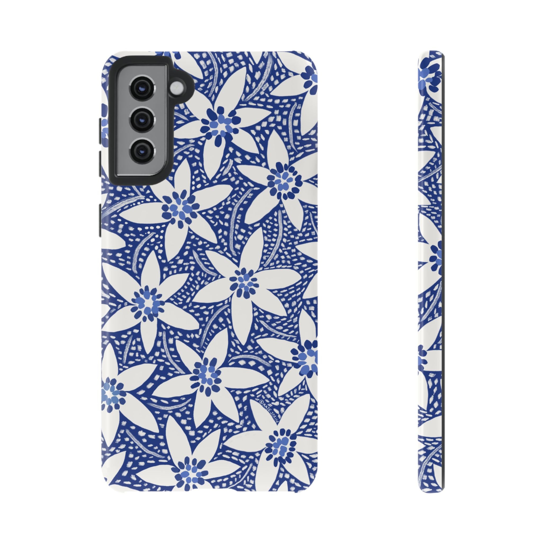 Starflower Samsung Galaxy S21 Plus Case – Glossy | navy, white geometric starflower print