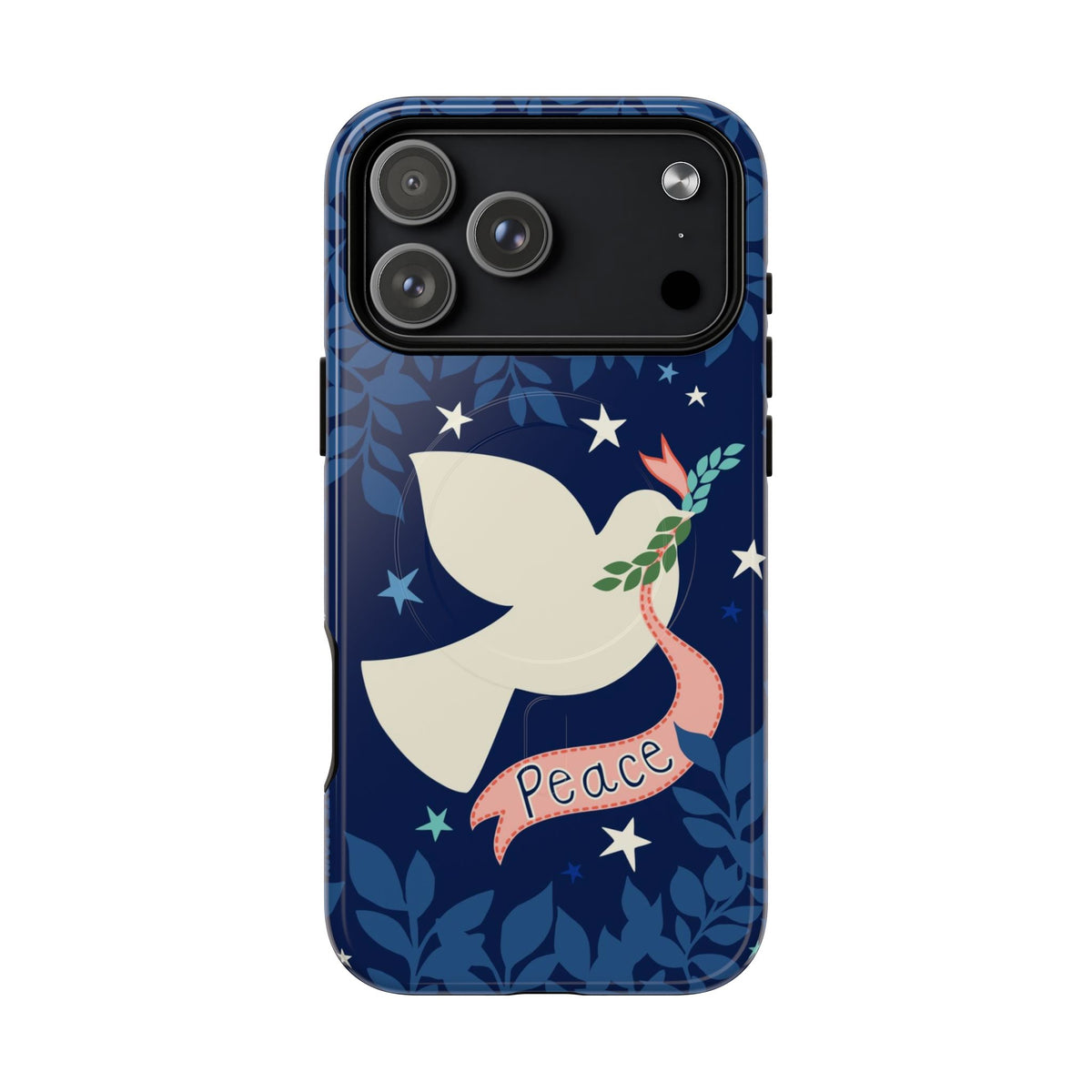Peace MagSafe iPhone 17 Pro Max Case – Glossy | navy, cream peace dove, stars, botanical print