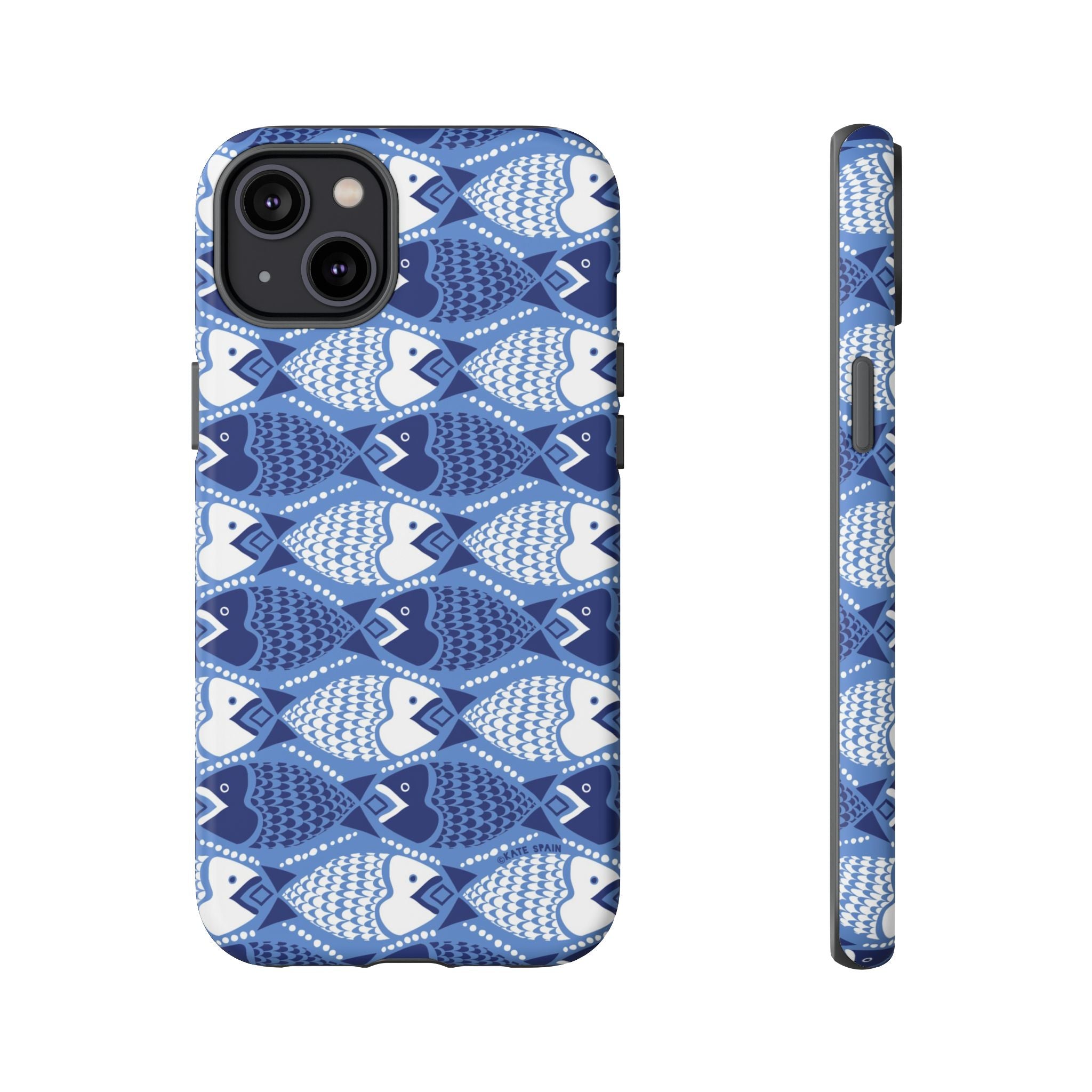 Catch of the Day Tough iPhone 14 Plus Case – Matte | navy, blue, white geometric fish print
