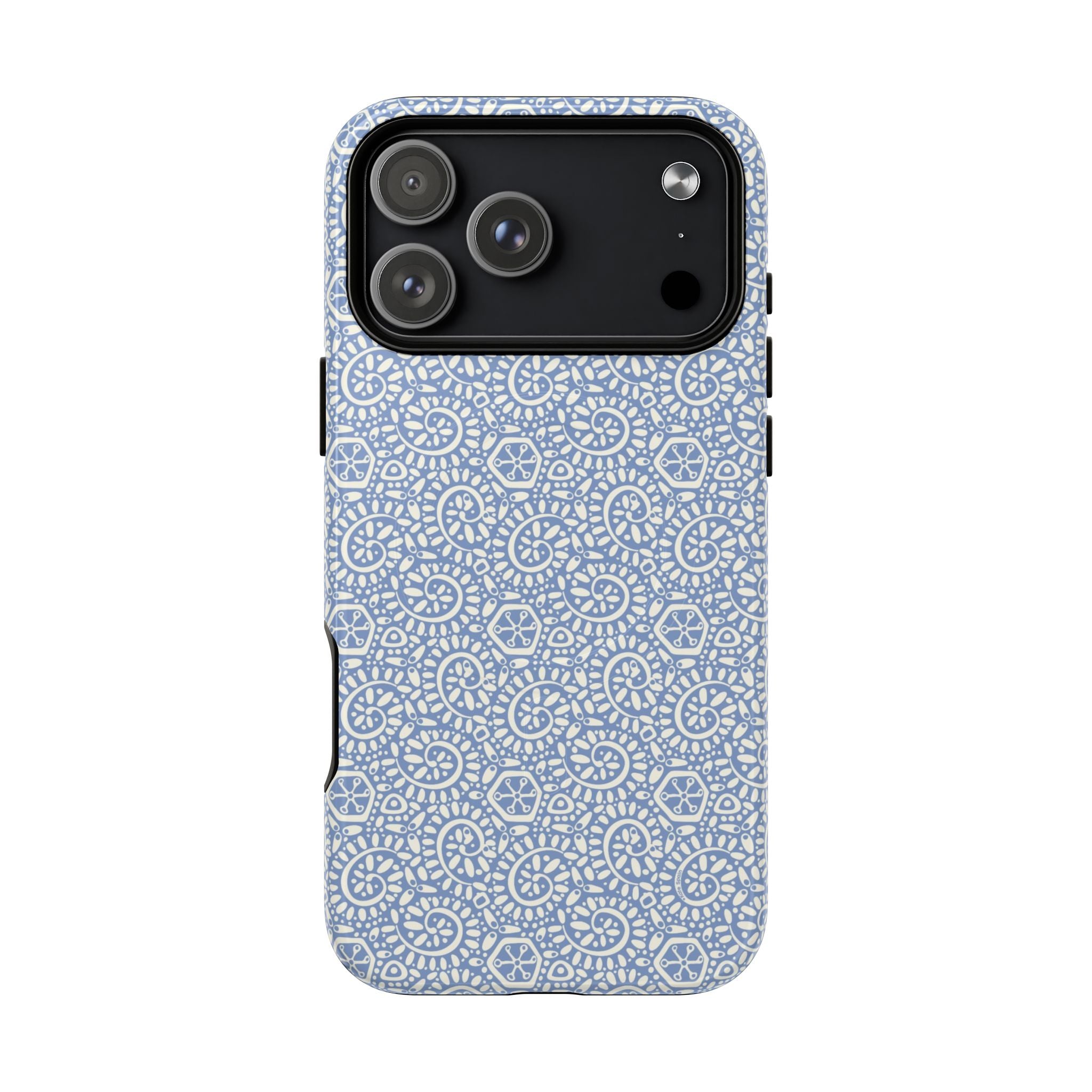 Canto Swirls Mist MagSafe iPhone 17 Pro Max Glossy Case — periwinkle blue hard case covered in an intricate folk-art medallion pattern of radiating white circular motifs, dot clusters, and geometric centers