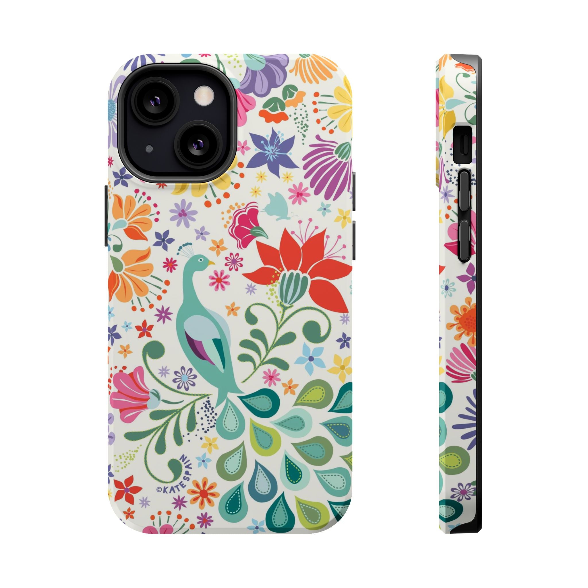 Peacock Sanctuary MagSafe iPhone 13 Mini Case – Glossy | ivory, teal, navy peacock botanical print MagSafe compatible, dual-layer protection