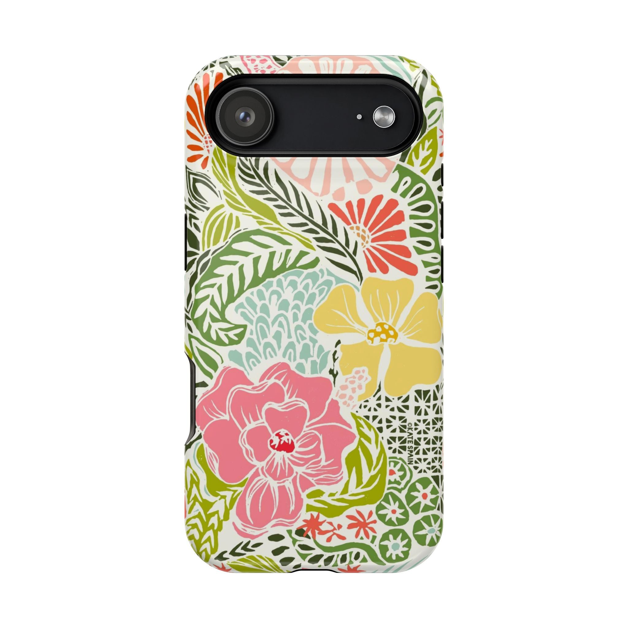 Tropica MagSafe iPhone 17 Air Case – Glossy | cream, pink, yellow, blue botanical floral print MagSafe compatible, dual-layer protection