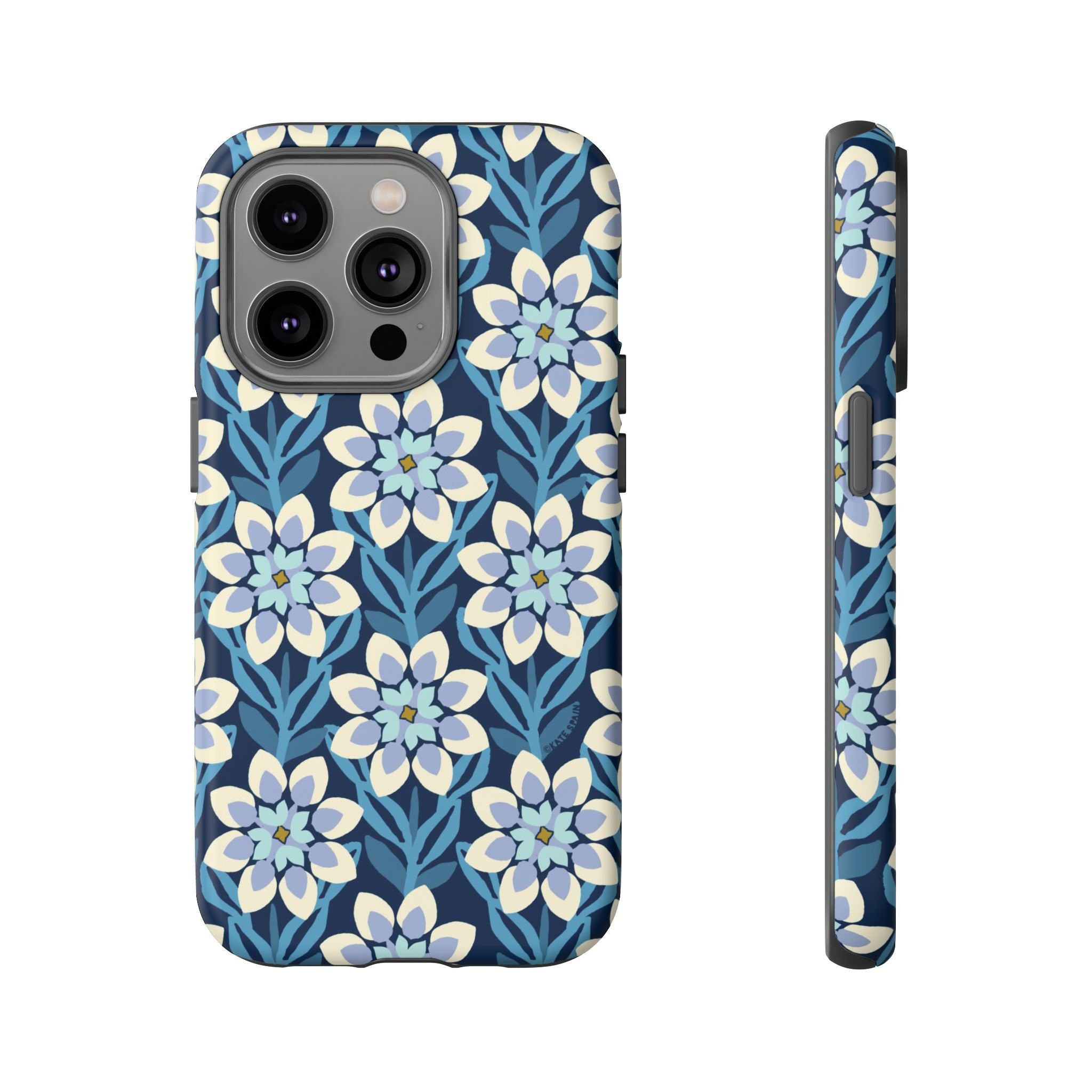 Designer Modern Dahlia Tough iPhone 14 Pro Case – Matte | navy, cobalt, white dahlia floral print