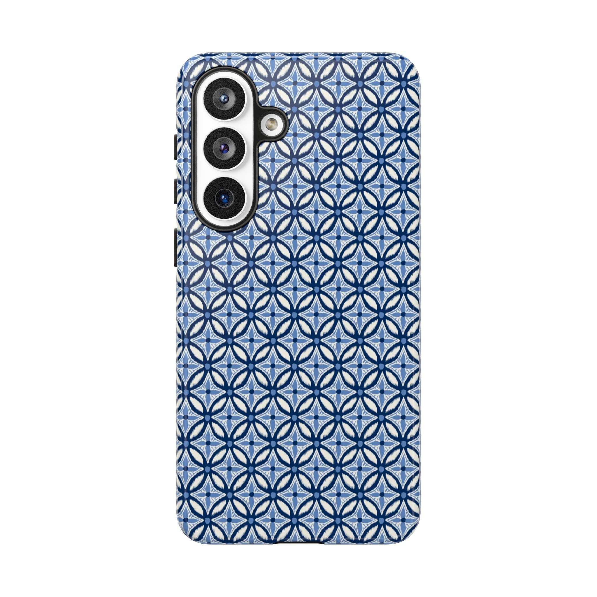 Light blue Samsung Galaxy case with navy and periwinkle ikat geometric pattern — botanical phone case by Kate Spain for Floriori