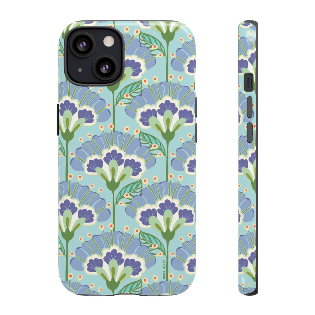Lantern Flower Tough iPhone 13 Case – Matte | aqua, periwinkle, green botanical lantern floral print