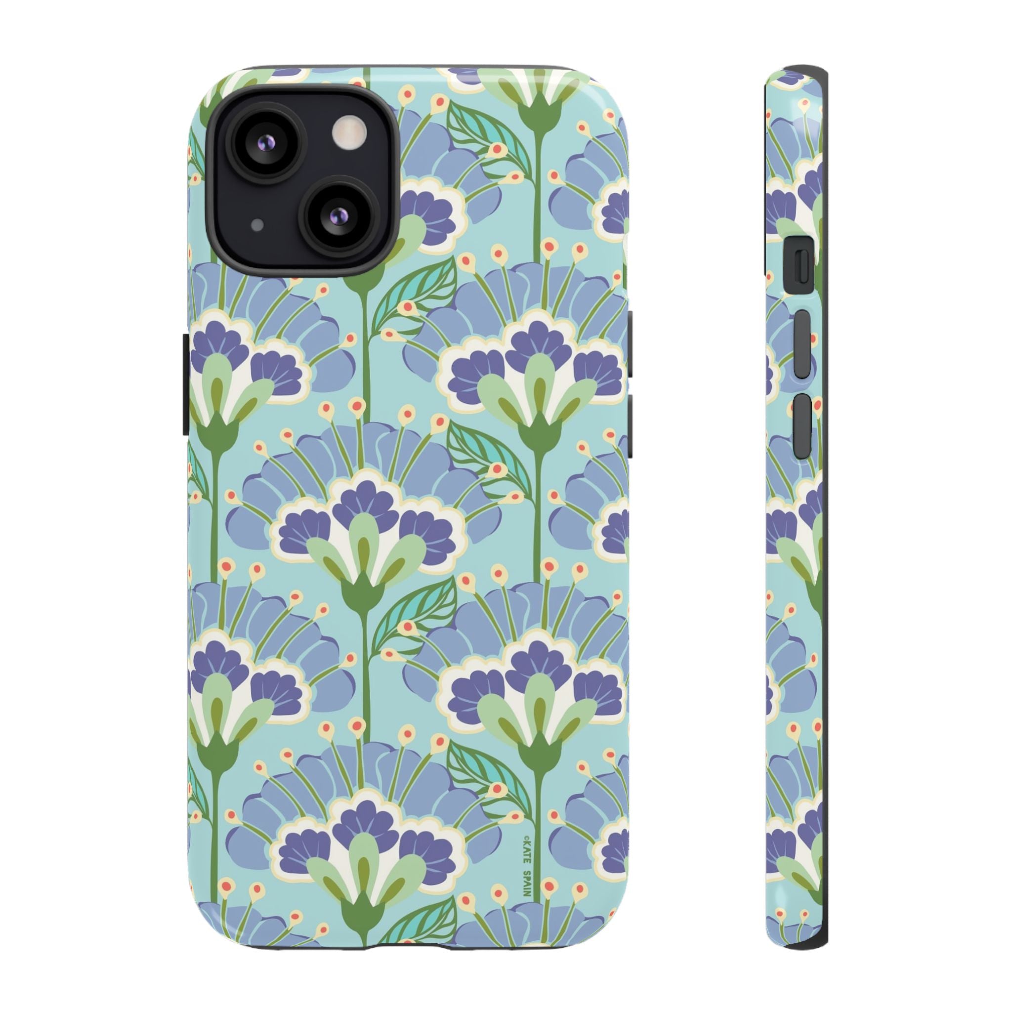 Lantern Flower Tough iPhone 13 Case – Matte | aqua, periwinkle, green botanical lantern floral print