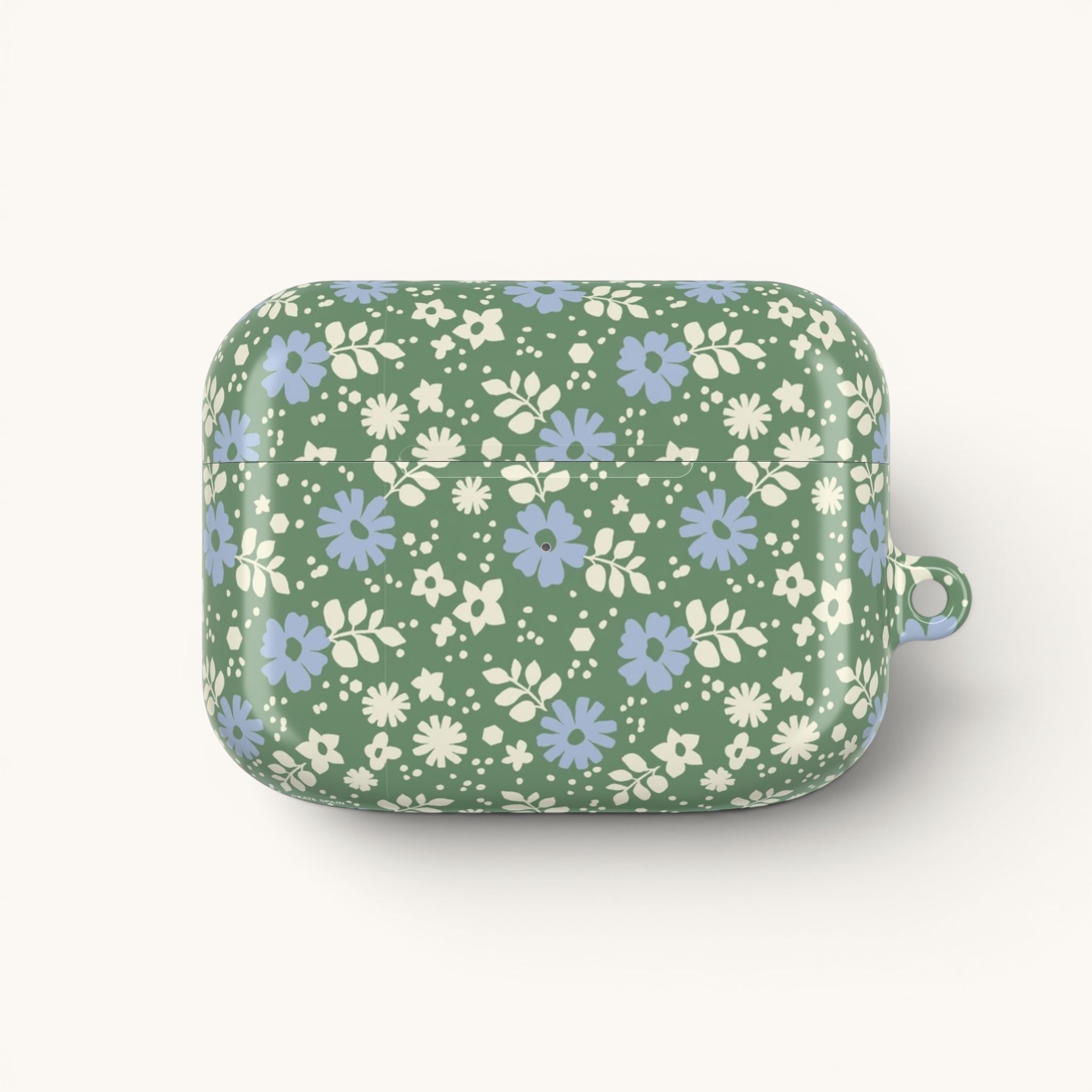 AirPods Gen 1 case – Glossy | periwinkle and cream ditsy flowers on sage green ground