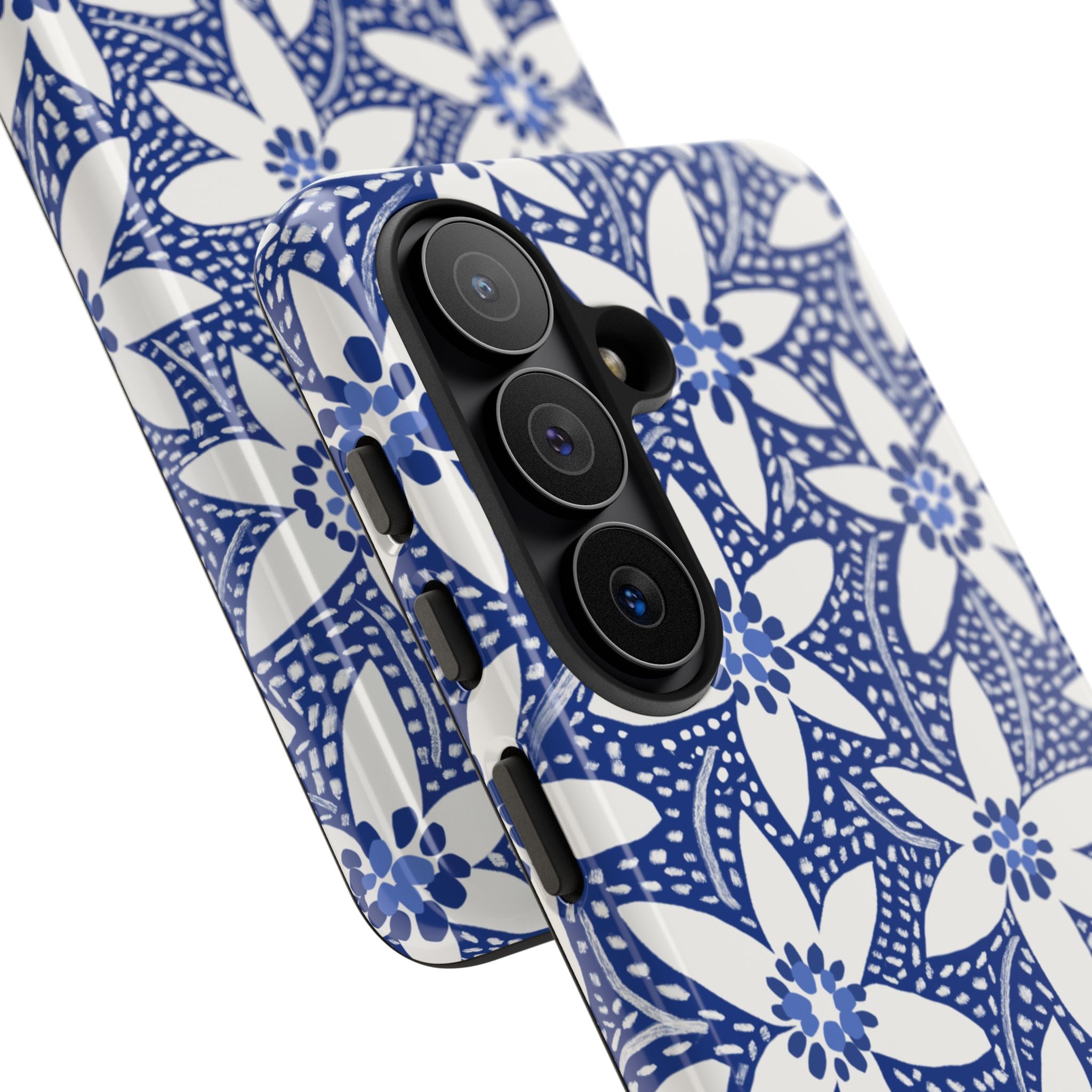 Starflower Samsung Galaxy S26 Case – close-up of 3-lens camera cut out and buttons on side of case in navy and white geometric flower print