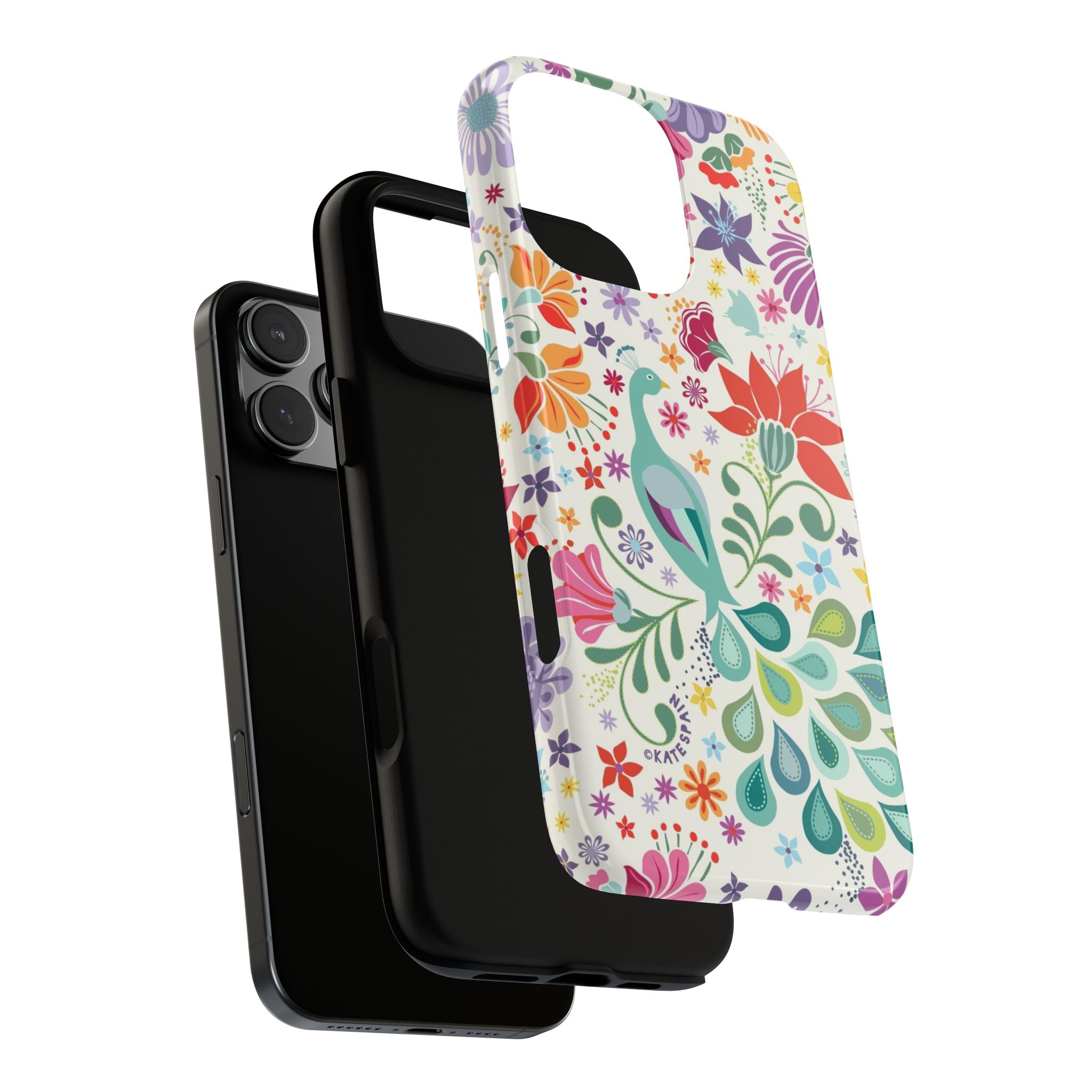 Peacock Sanctuary Tough iPhone 16 Pro Max Case – exploded side view showing dual-layer construction