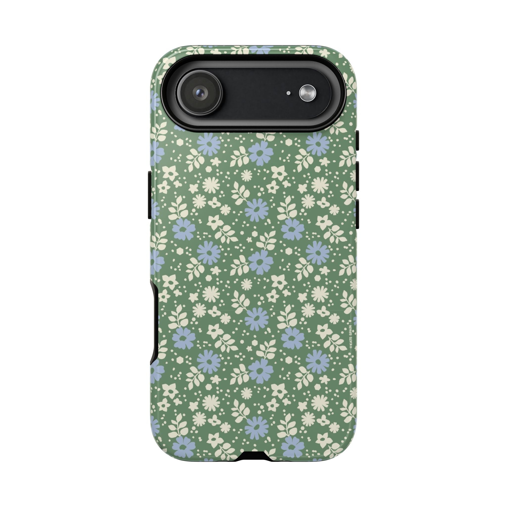 Petaline Tough iPhone 17 Case – Matte | green, blue, cream ditsy floral print