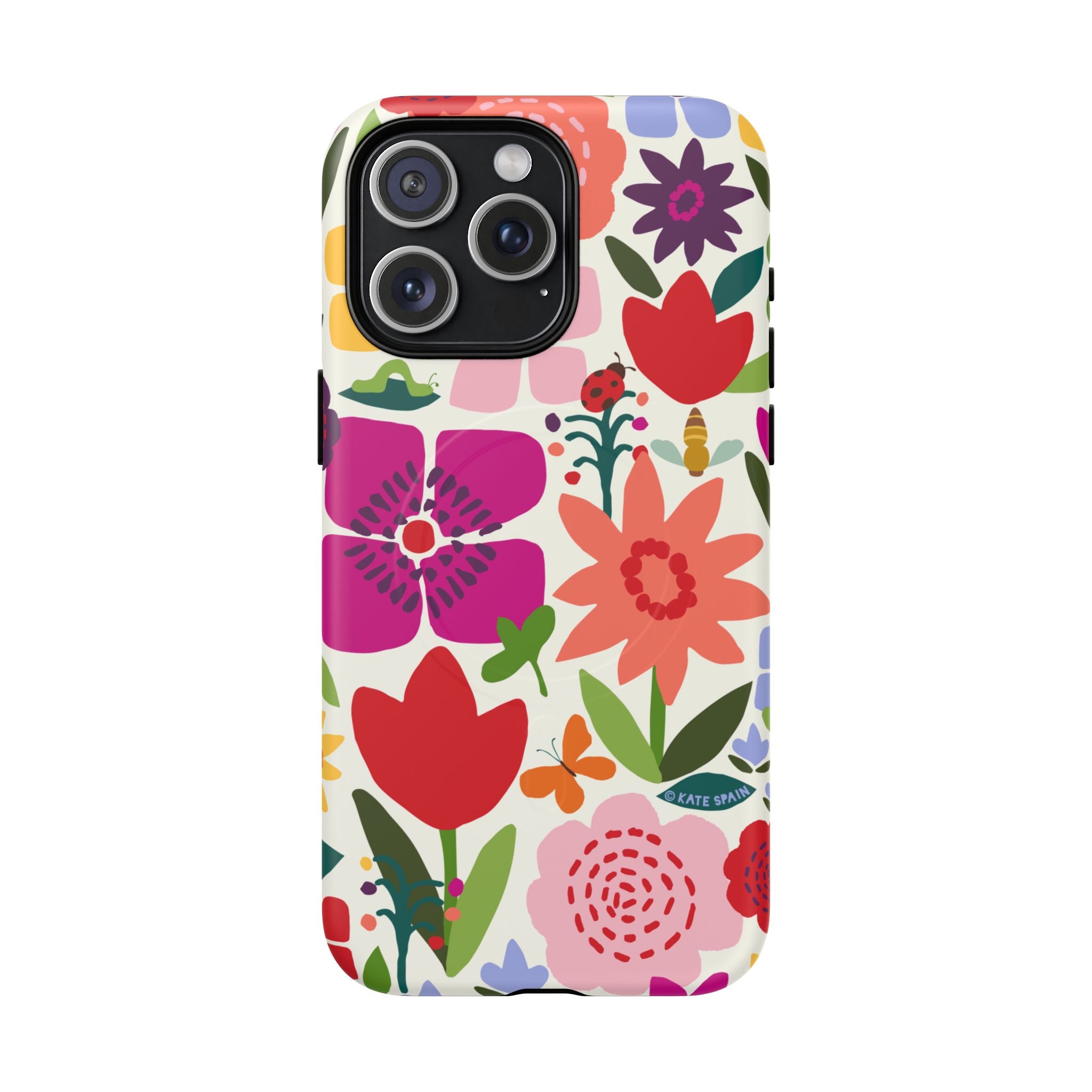 Happy Blooms MagSafe iPhone 15 Pro Max Case – Matte | cream, red, magenta, coral botanical floral print