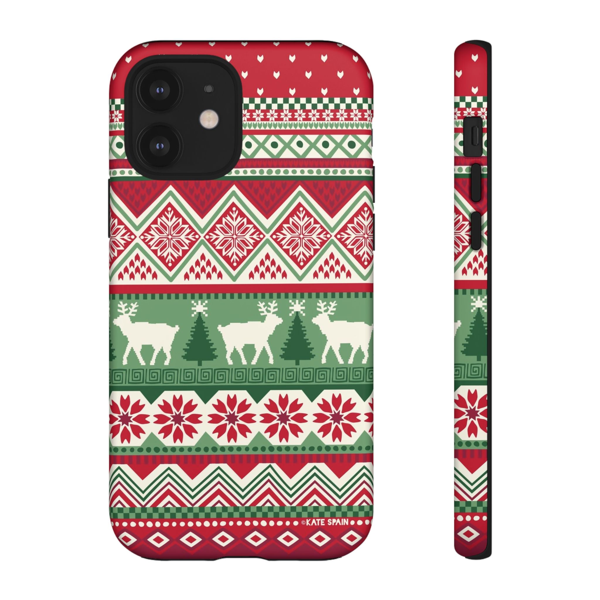 Telemark Tough iPhone 12 Case – Matte | red, green, cream fair isle reindeer Nordic print