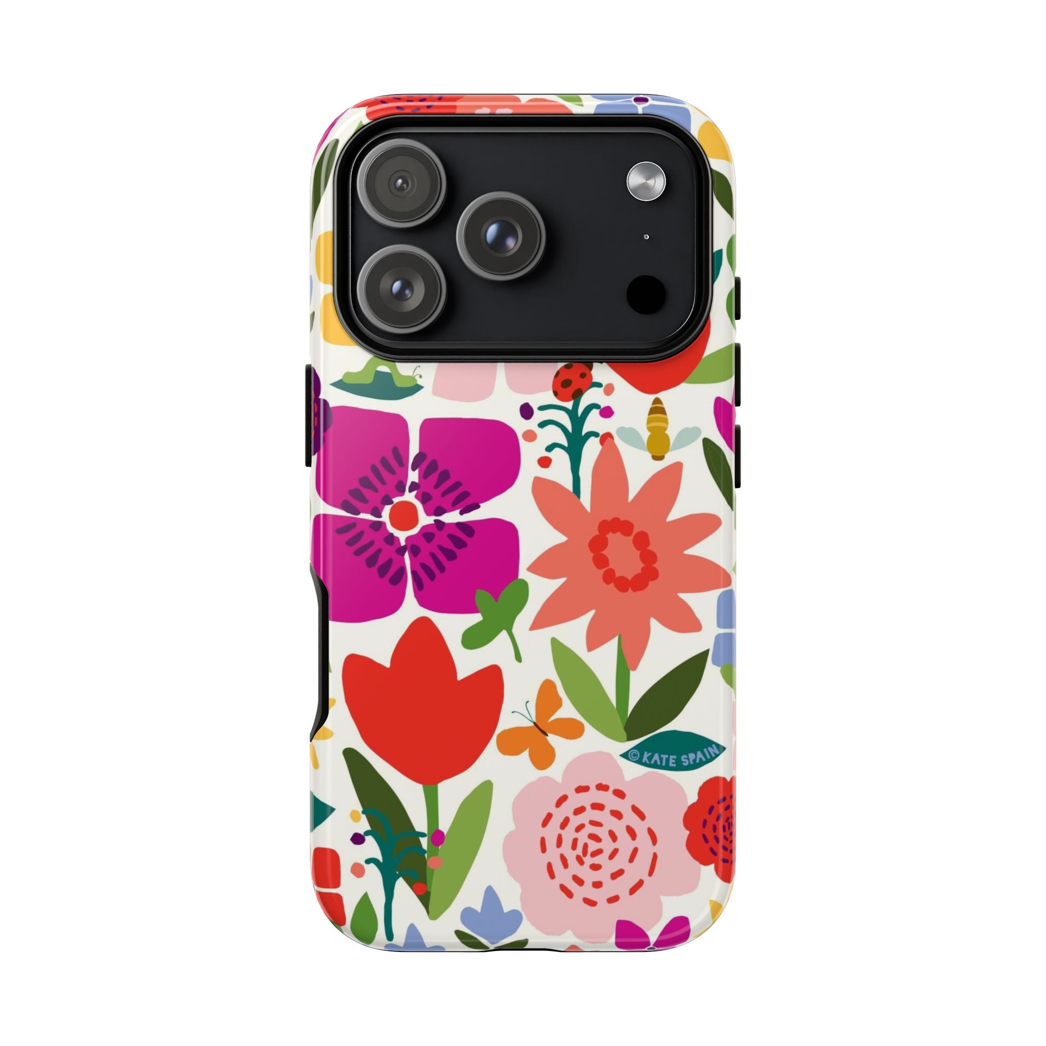 Happy Blooms Tough iPhone 17 Pro Case – Glossy | cream, red, magenta, coral botanical floral print