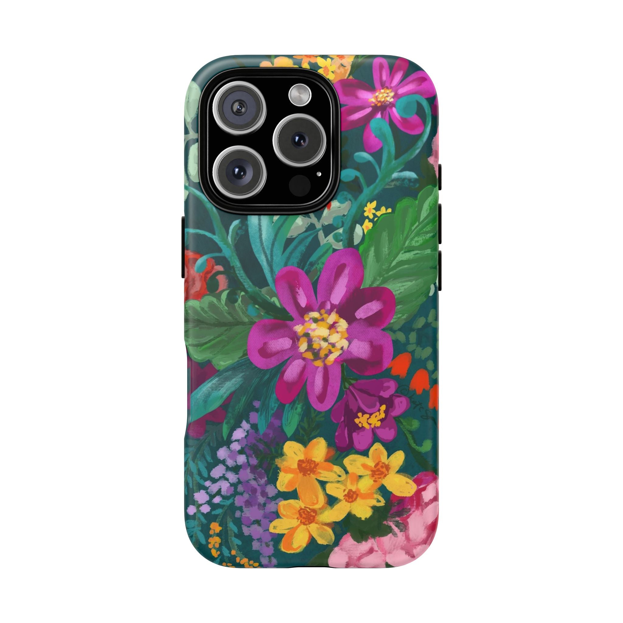 Posy Tough iPhone 16 Pro Case – Glossy | teal, purple, magenta, yellow botanical wildflower print