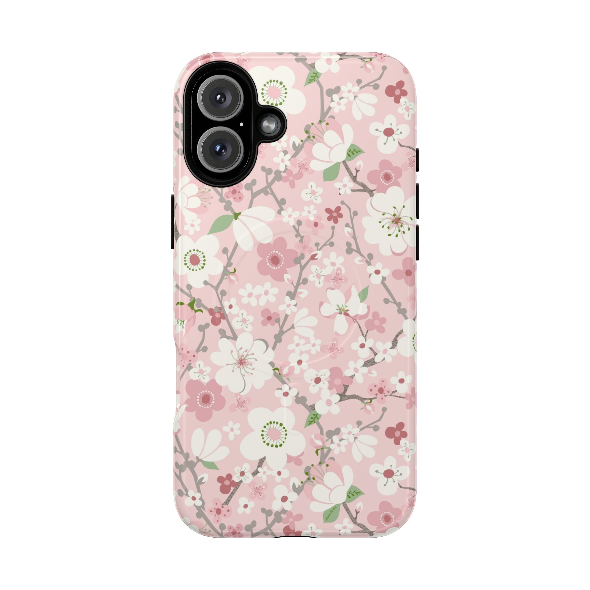 Luxury Pink Cherry Blossom MagSafe iPhone 16 Plus Case – Glossy | light pink, white, cherry blossom floral print