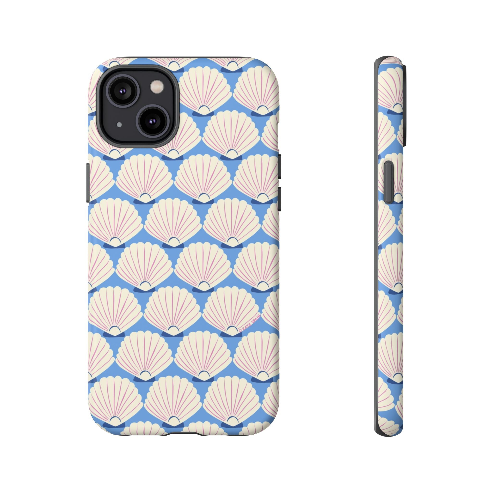 Seashells Tough iPhone 14 Plus Case – Matte | periwinkle, cream, blush scallop shell print