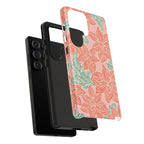 Hibiscus Coral Samsung Galaxy S26 Ultra Glossy Case — dual-layer construction detail showing protective inner and outer layers; coral red hibiscus and teal-green leaves botanical print
