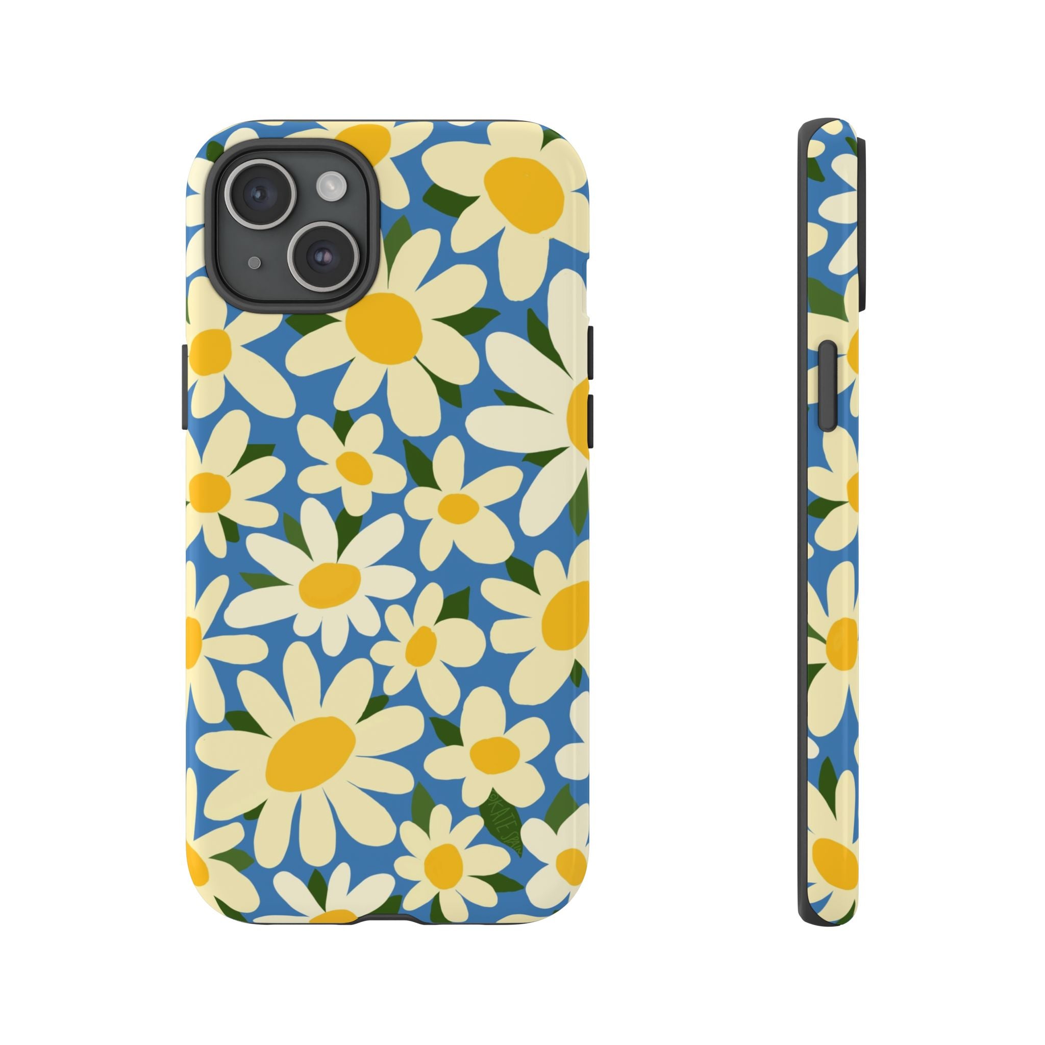 Shasta Daisy Tough iPhone 15 Plus Case – Glossy | blue, cream, yellow daisy floral print