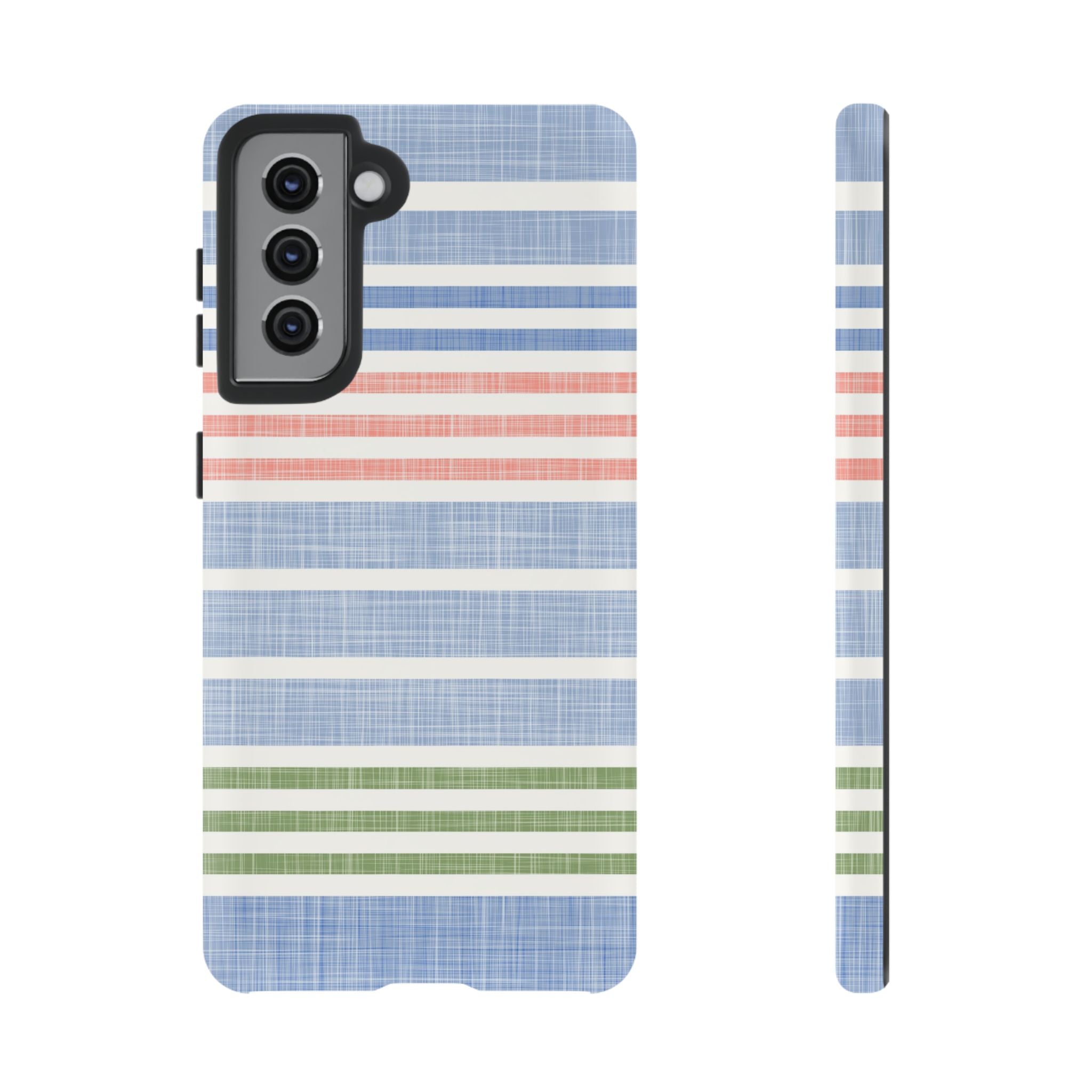 Cabana Stripe Pastel Samsung Galaxy S21 Case – Matte | soft blue, coral, sage green chambray-textured stripe print dual-layer protection