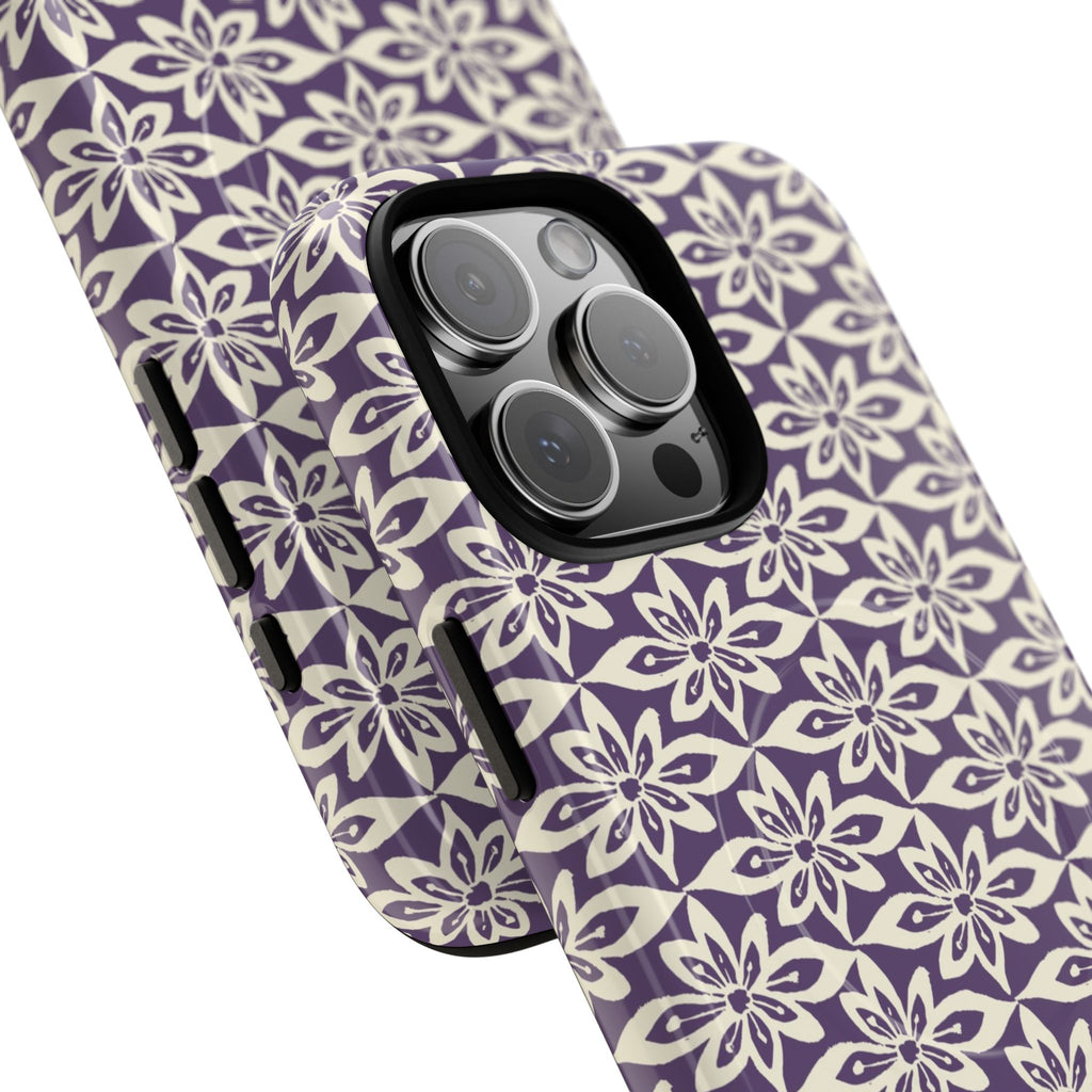 Lily Plum MagSafe iPhone 17 Case – Glossy | dual-layer construction detail showing case and inner lining with camera cutout and buttons — botanical MagSafe case by Kate Spain