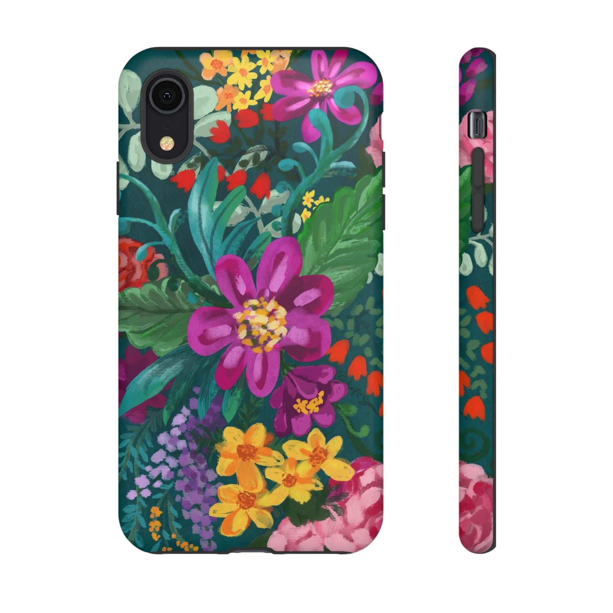 Posy Tough iPhone XR Case – Matte | teal, purple, magenta, yellow botanical wildflower print