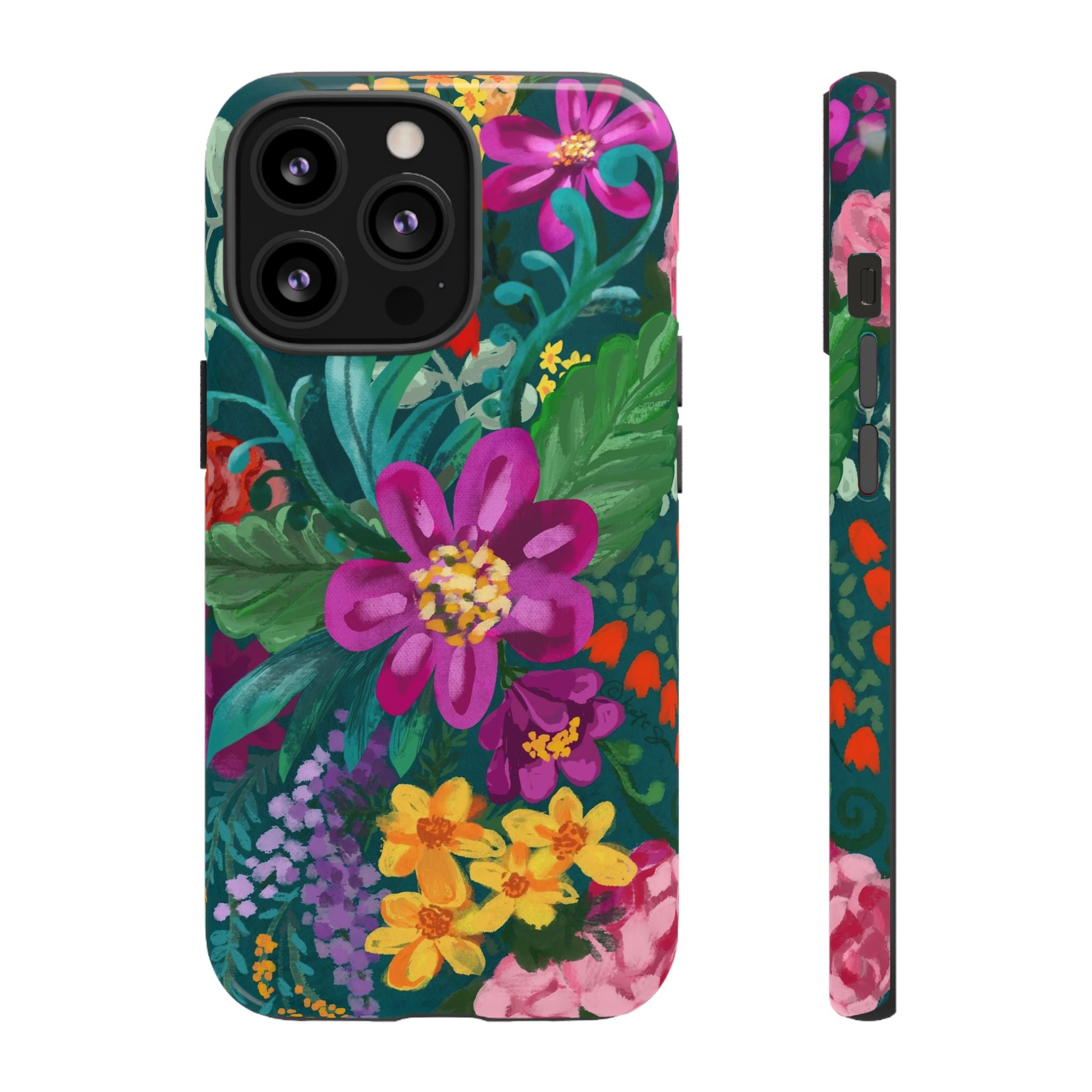 Posy Tough iPhone 13 Pro Case – Glossy | teal, purple, magenta, yellow botanical wildflower print