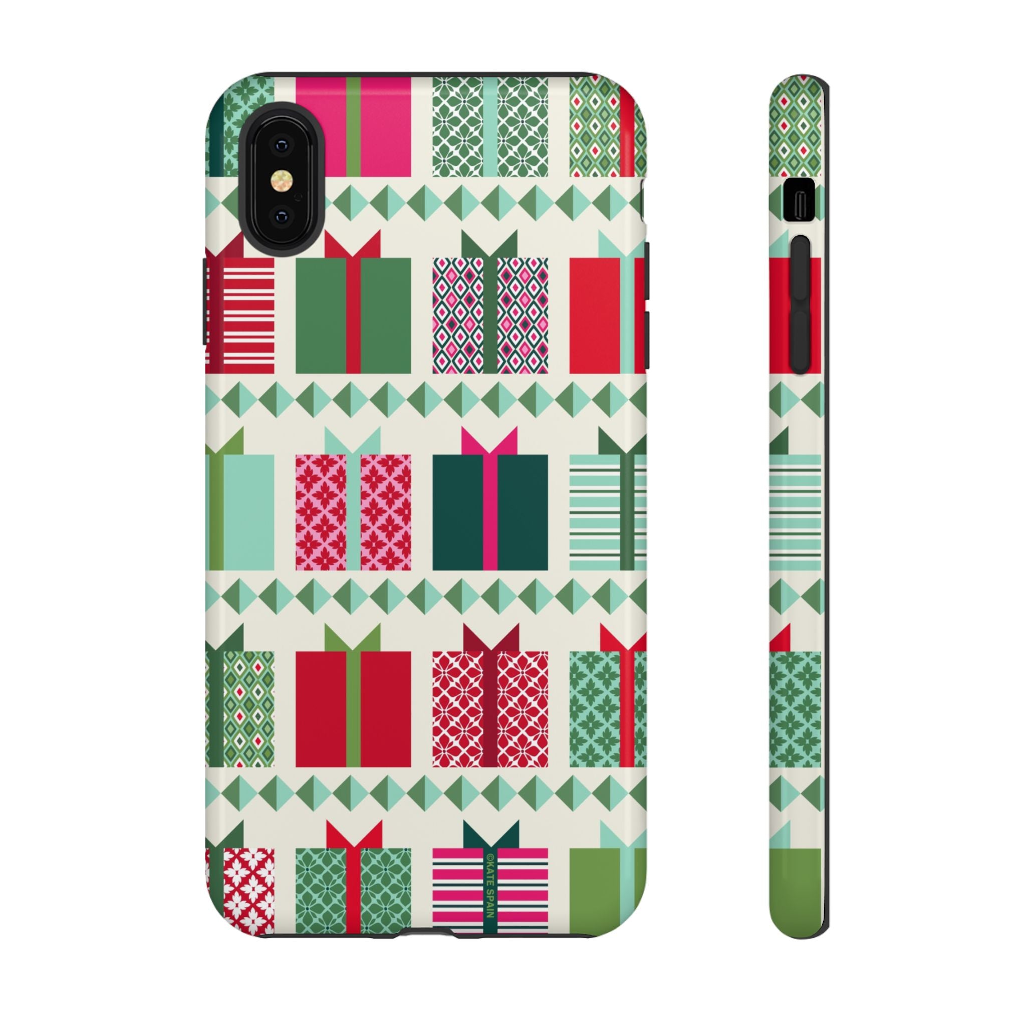 All Wrapped Up Tough iPhone XS Max Case – Glossy | cream, red, pink, green, mint geometric gift wrap holiday print