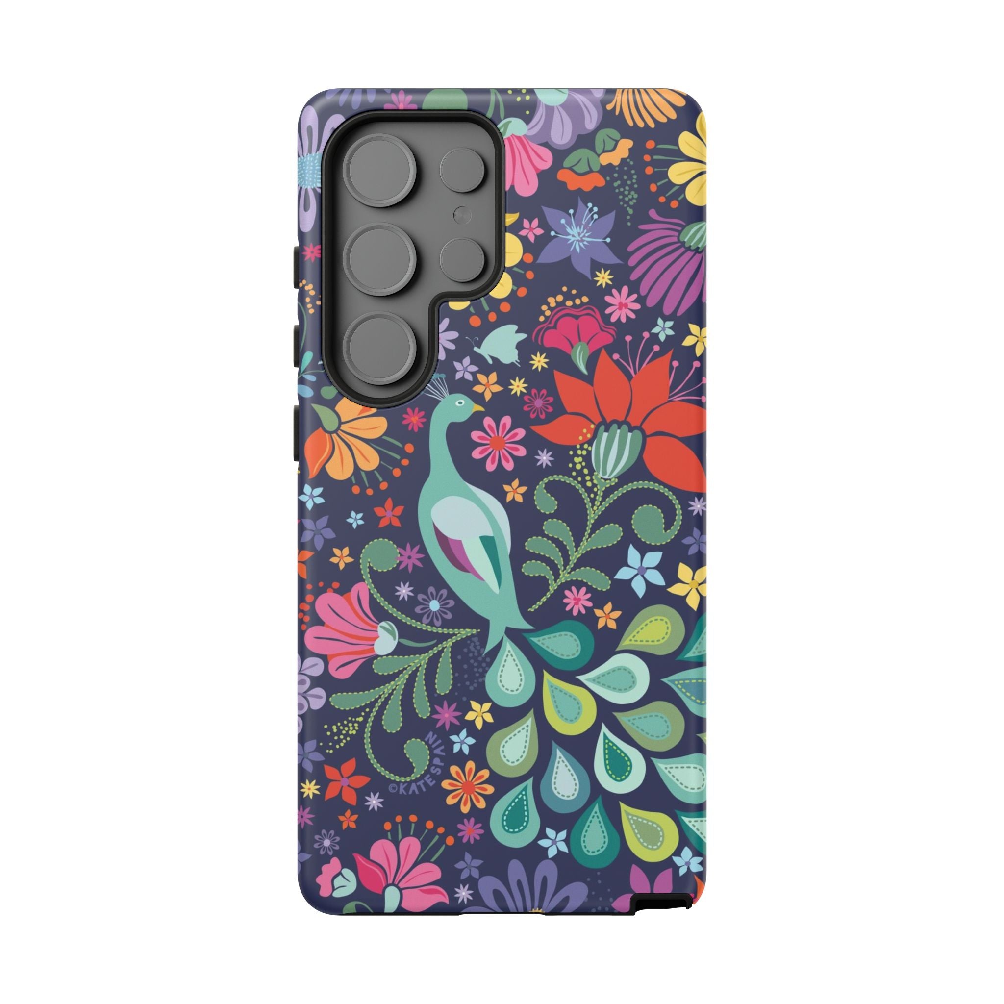 Luxury Peacock Sanctuary Samsung Galaxy S25 Ultra Case – Glossy | navy, teal, coral multicolor vibrant peacock feather botanical print