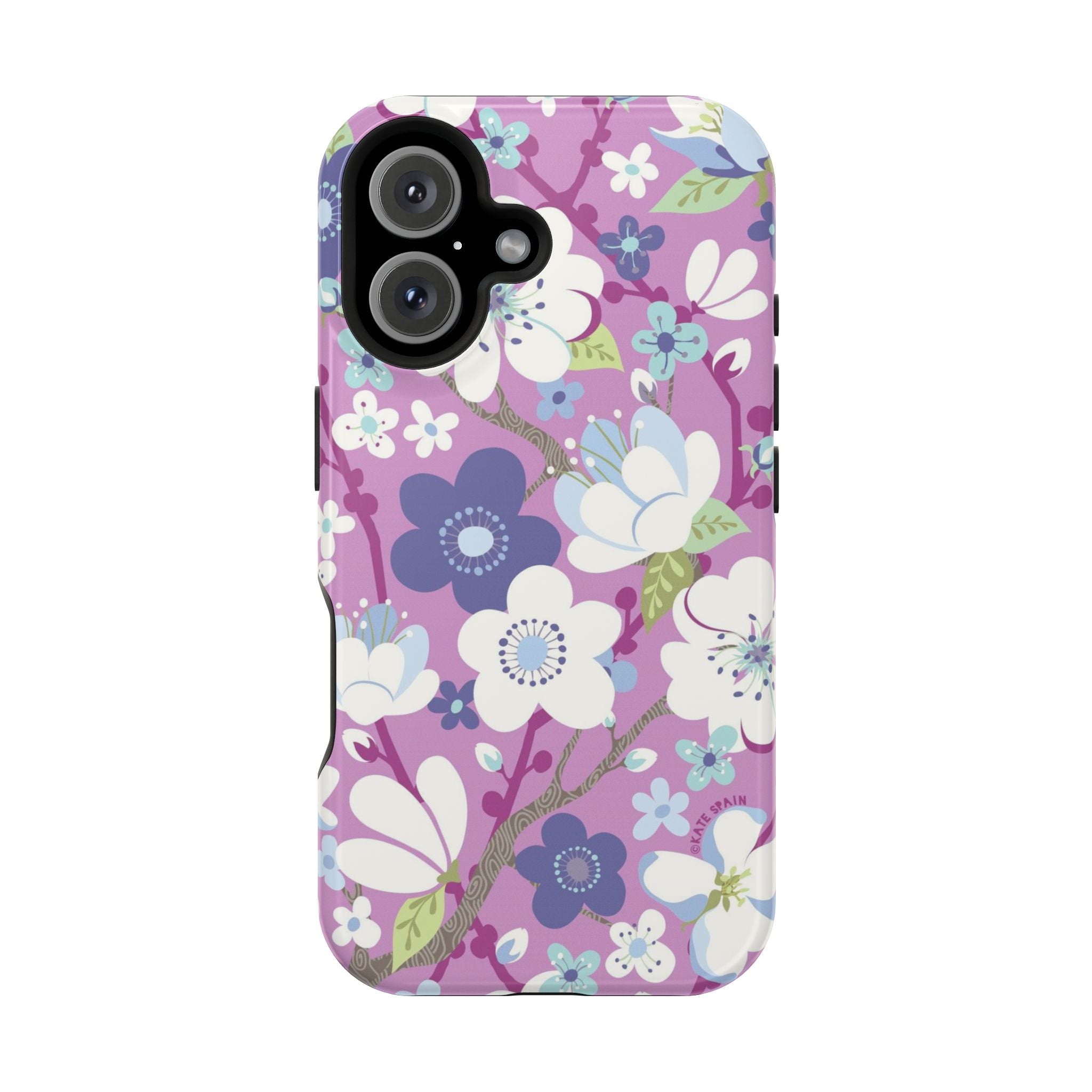 Luxury Cherry Blossom MagSafe iPhone 16 Case – Glossy | mauve, purple, blue, white cherry blossom print