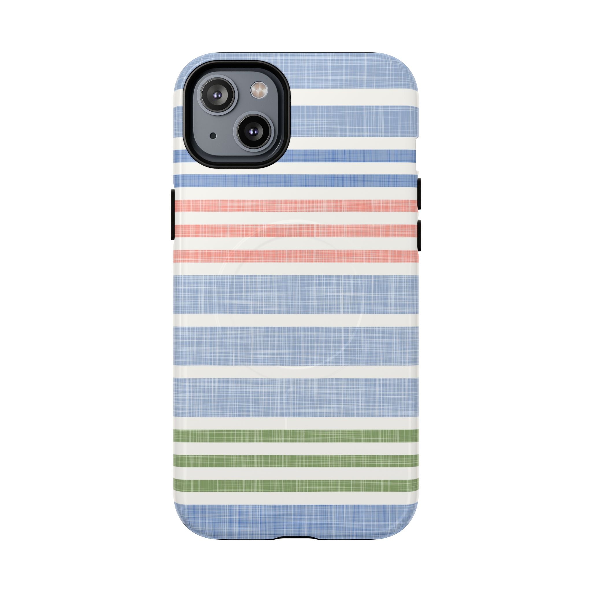 Cabana Stripe Pastel MagSafe iPhone 14 Plus Case – Glossy | soft blue, coral, sage green chambray-textured stripe print MagSafe compatible, dual-layer protection