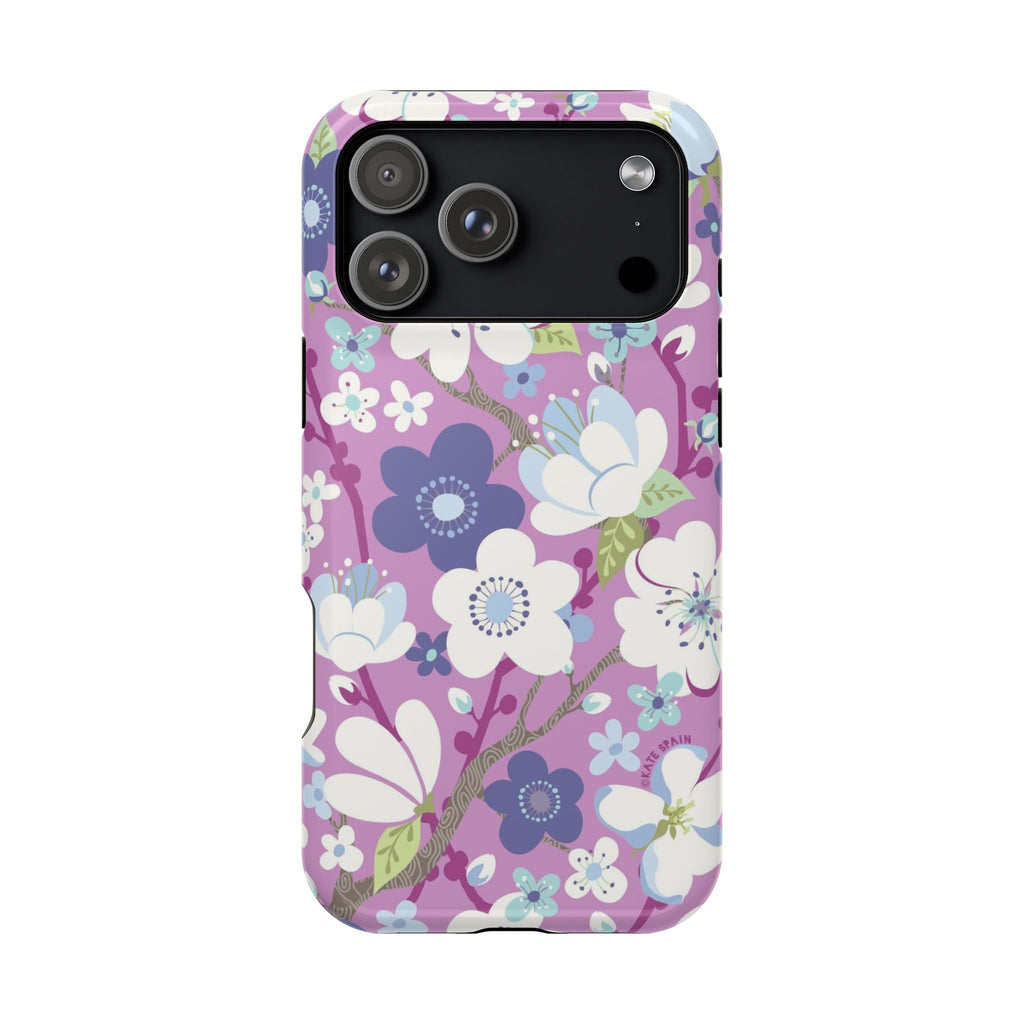 Luxury Cherry Blossom MagSafe iPhone 17 Pro Max Case – Glossy | mauve, purple, blue, white cherry blossom print